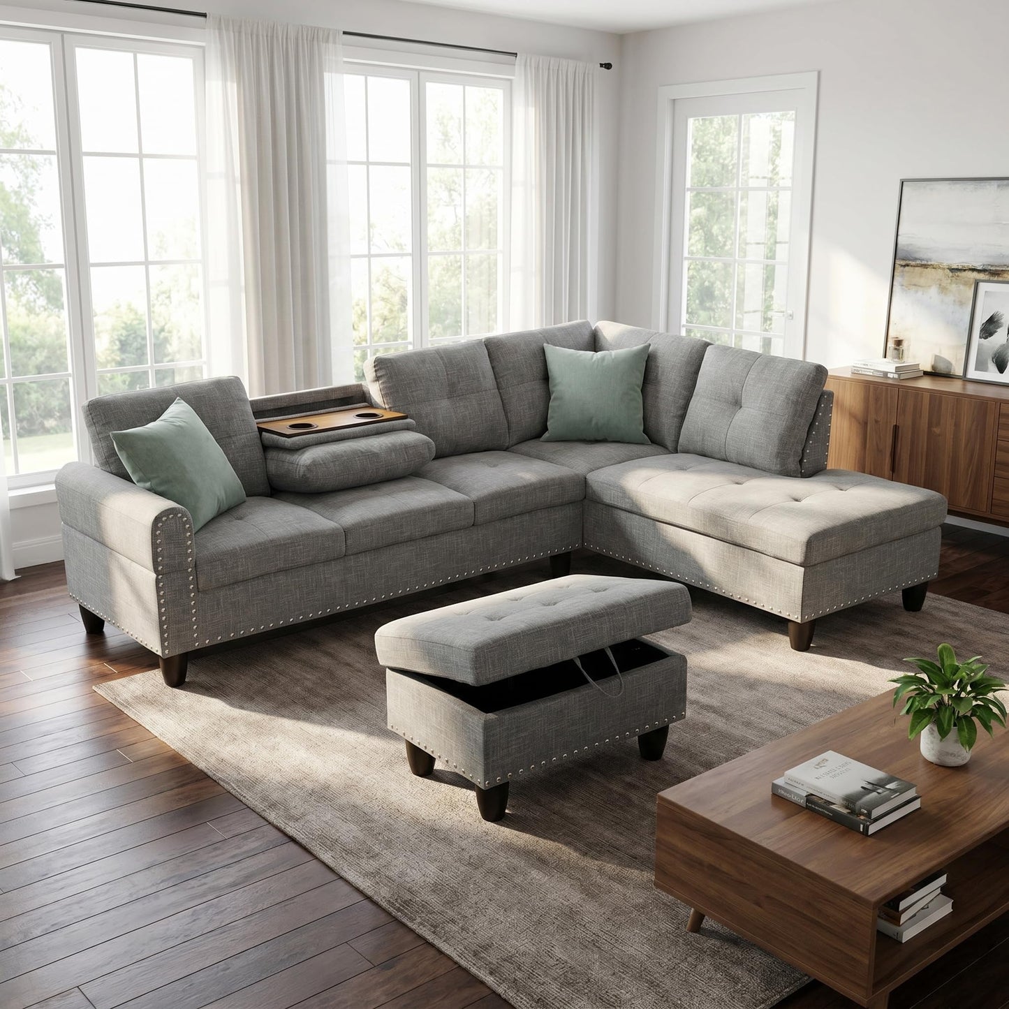 Trygoal 97.5" Linen L Shaped Couch with Right Chaise & Cup Holder, Sectional Sofas Modular Furniture Set with Storage Ottoman, Convertible Couches for Living Room, Small Space & Office (Grey)