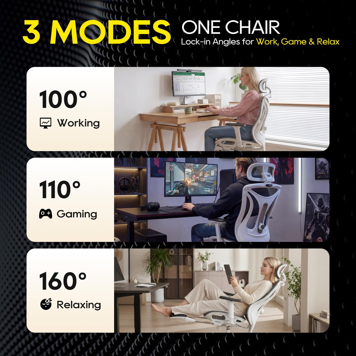 CYKOV Ergonomic Office Chair with Footrest - Adjustable Lumbar Support & Headrest, 90-160° Reclining Mesh Back Computer Chair - Home Office/Gaming, 350lbs Capacity (W-Black, Mesh)
