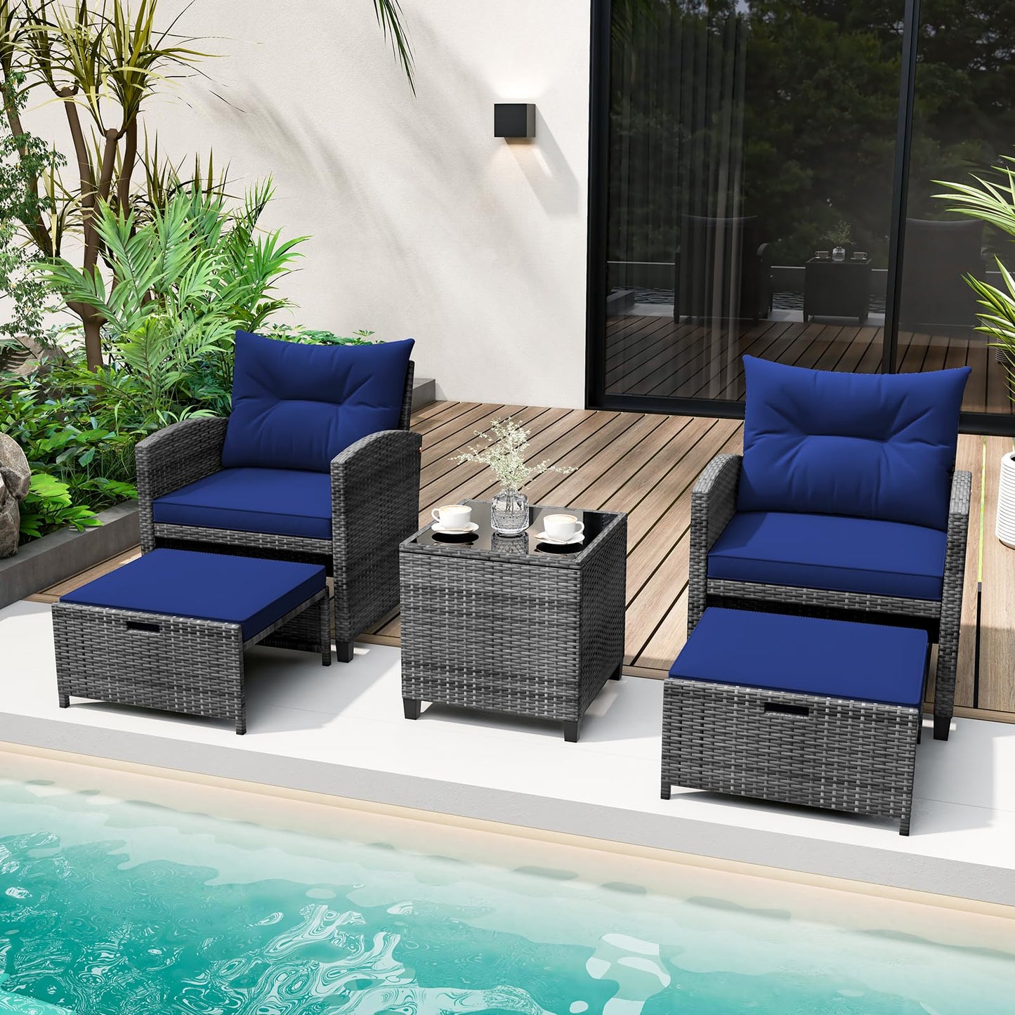 COSTWAY 5-Piece Rattan Conversation Set, Outdoor Wicker Sofa, Tempered Glass Coffee Table & Ottomans for Small Space, Boho Chic Indoor/Outdoor Furniture Set for Poolside, Backyard, Deck (Navy)