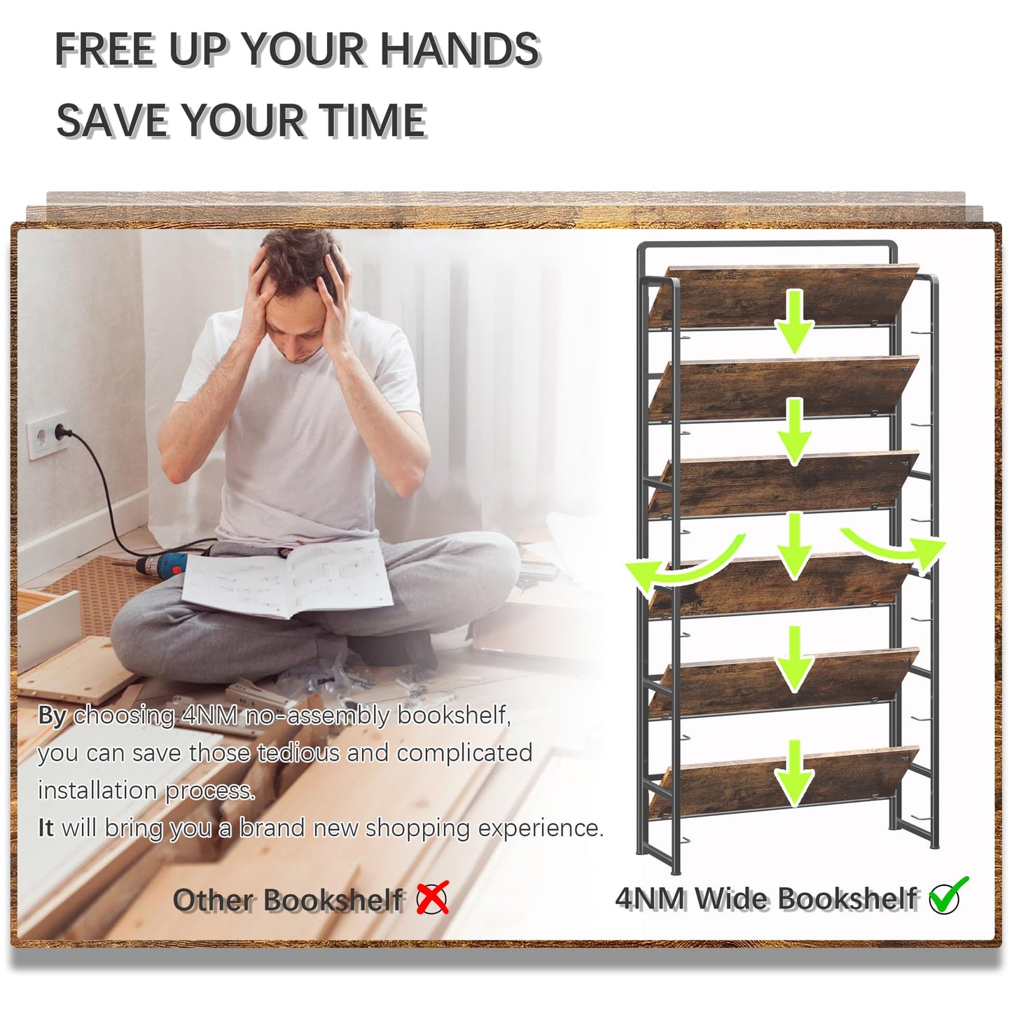 4NM No Assembly Extra Wide 6 Tiers Folding Bookshelf Storage Shelves Vintage Bookcase Standing Racks Study Organizer Home Office (Rustic Brown Black)
