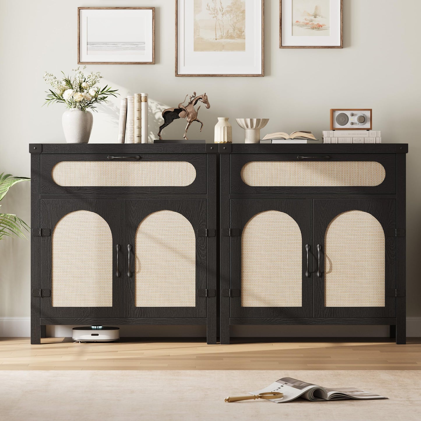 Garvee 29.9 in Small Rattan Buffet Cabinet with Storage, Kitchen Coffee Bar Cabinet with Doors and Drawer, Boho Farmhouse Sideboard with Adjustable Shelves and Handle for Living Room, Black