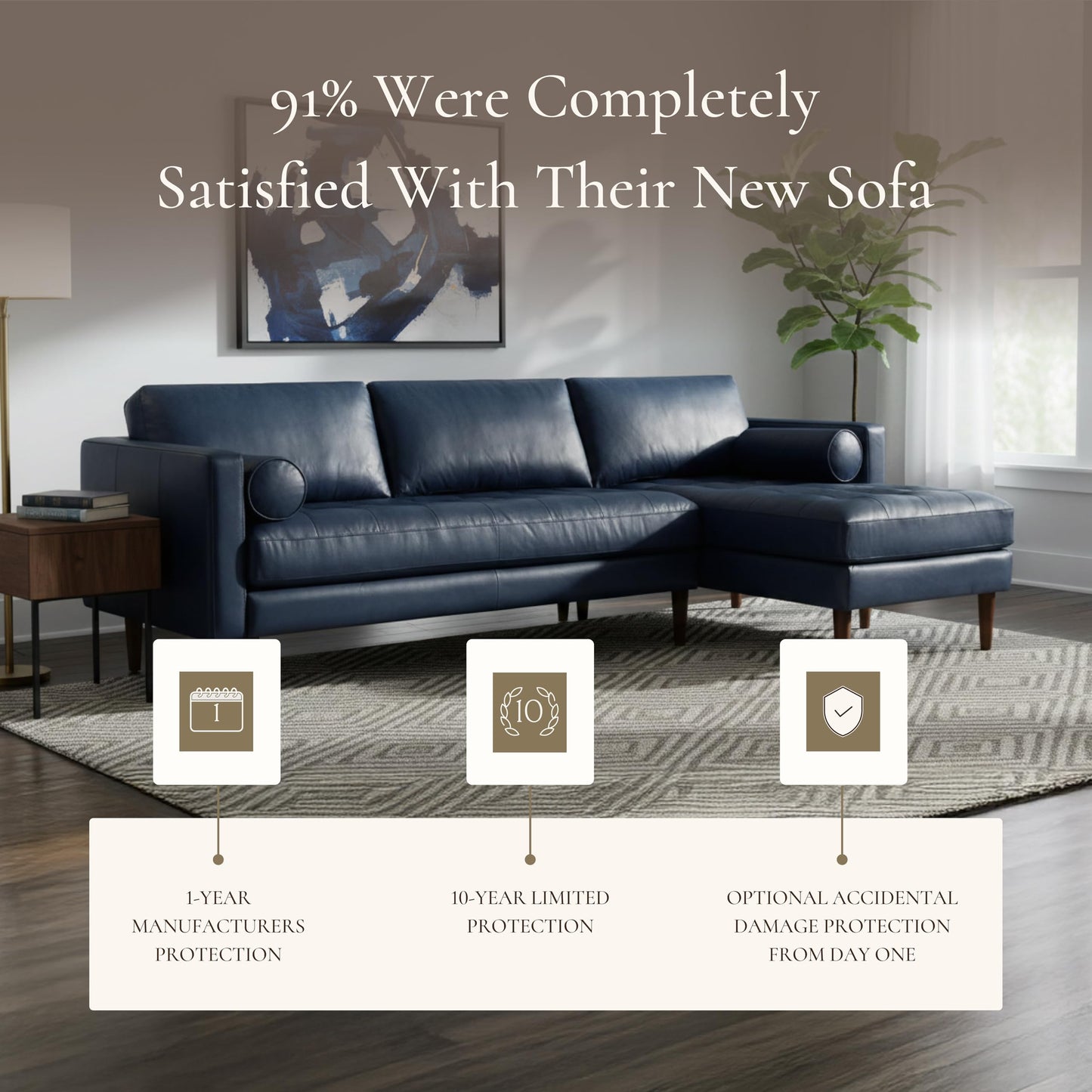 Poly & BARK Napa Right-Facing Sectional Sofa – 104.5” Italian Leather Sectional with Chaise – Midnight Blue – Full-Grain Pure-Aniline & Semi-Aniline Upholstery