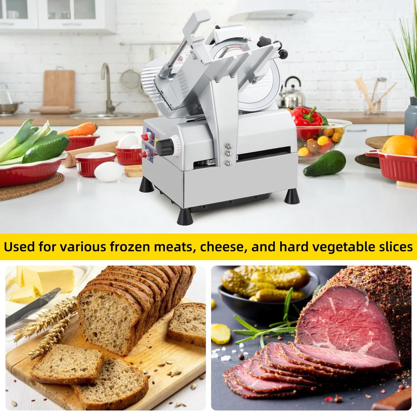 240W+430W Commercial Electric Meat Slicer, 10-inch Stainless Steel Semi-Auto Food Cutter, 0-16 mm Adjustable Thickness with Precision Control, Safe & Efficient for Deli, Restaurant & Kitchen Use