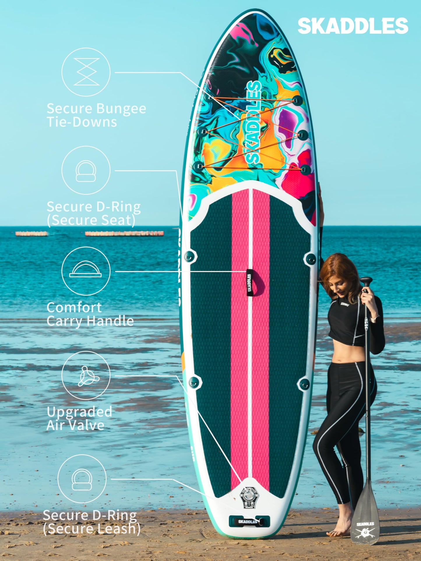 SKADDLES 10’6’’ Portable Inflatable Stand Up Paddle Board (SUP) for Adults and Youth with Non-Slip Deck – Complete Accessories Kit, Perfect for Fishing, Yoga, Fitness & Family Fun (Paintide)
