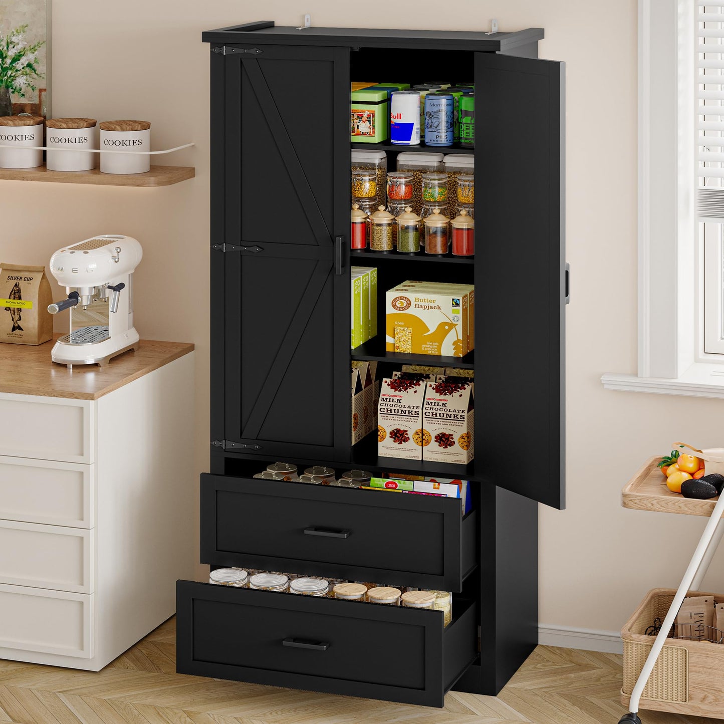 BORNOON Pantry Organizers and Storage Cabinet, 71” Barn Door White Kitchen Cabinet with Drawers and Adjustable Shelf, Tall Pantry for Kitchen, Dining Room, Living Room. Bathroom and Office