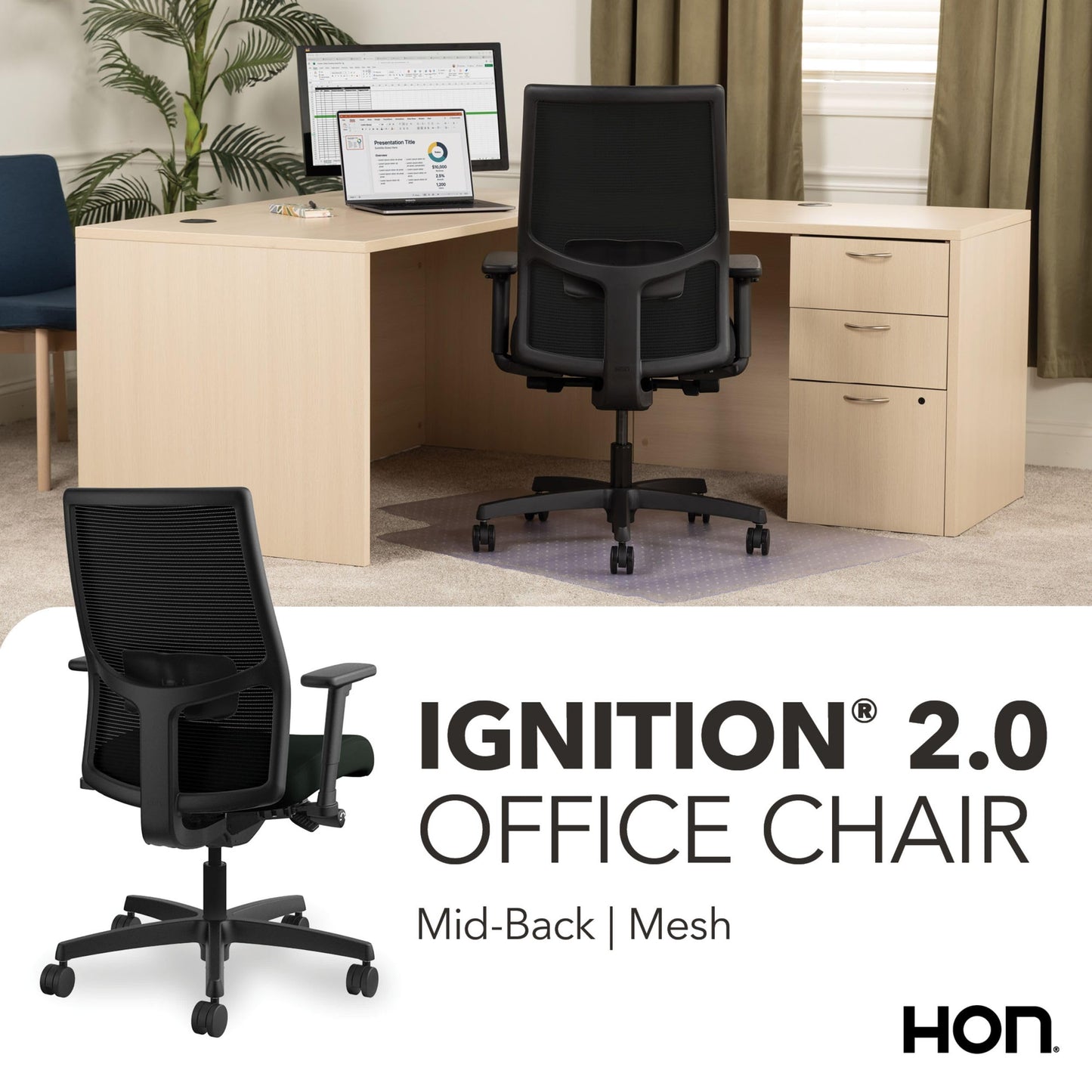 HON Ignition 2.0 Mid‑Back Ergonomic Office Chair, Mesh Task Seating with Lumbar Support, Advanced Synchro‑Tilt, Height and Width Adjustable Arms, Black Frame, Black