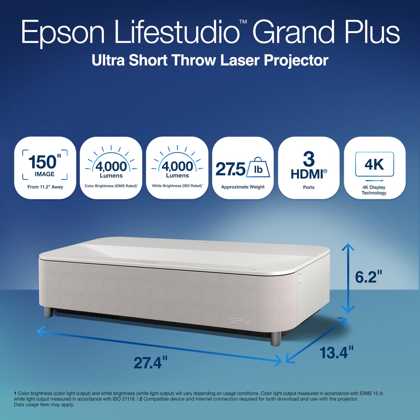 Epson Lifestudio Grand Plus Ultra Short Throw Laser Projector, 4,000 Lumens of Color and White Brightness, 4K Display Technology, Sound by Bose and Built-In Google TV, 3-Chip 3LCD Technology — White