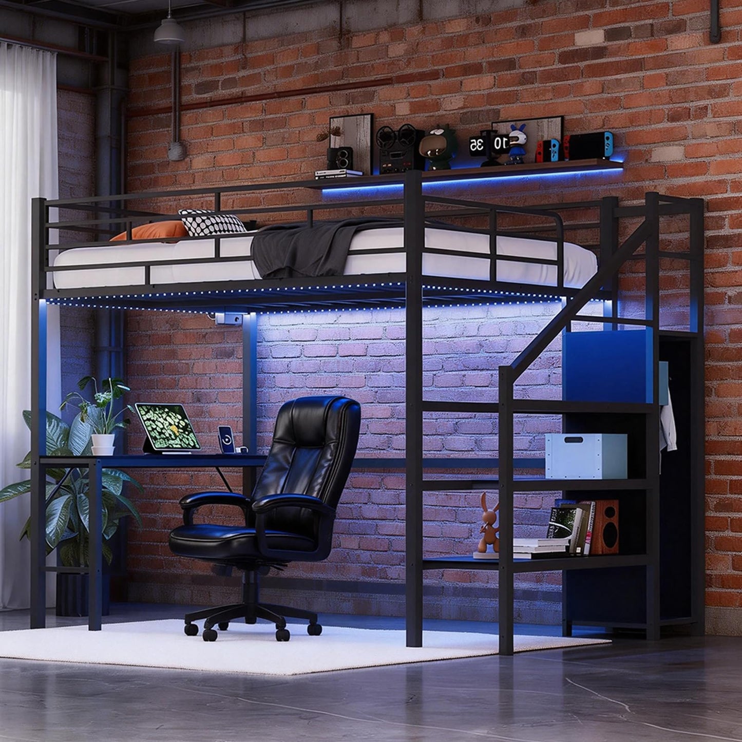 VINGLI Full Size Loft Bed with Desk and Storage Stairs, 15-inch Extra Tall Guardrail, Metal High Sleeper Bed with 2 Charging Stations and LED Lights, Space Saving Bed for Teens/Adults, Black