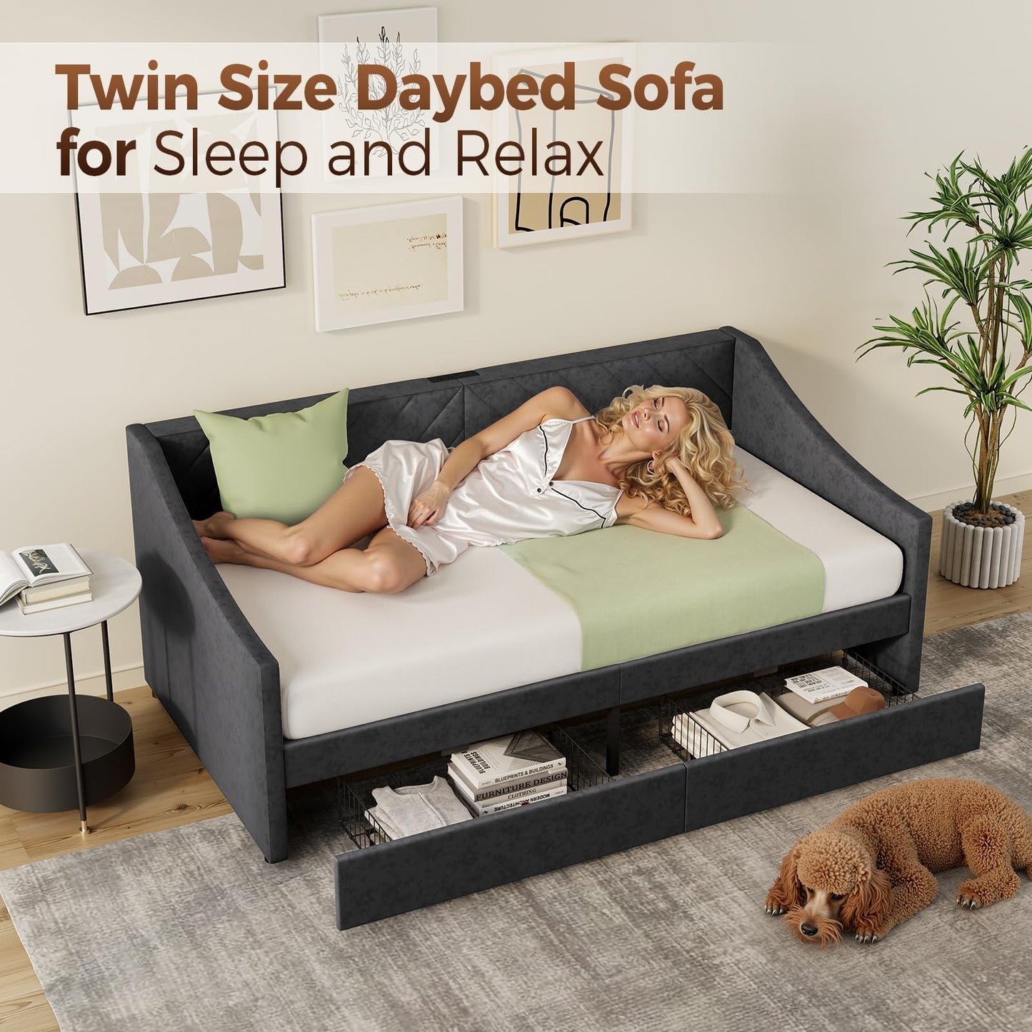 Mashomdec Twin Size Daybed with 2 Storage Drawers, Upholstered Daybed Frame with Charging Station, Heavy Duty Sofa Bed for Bedroom, Living Room, No Box Spring Needed,Easy Assembly