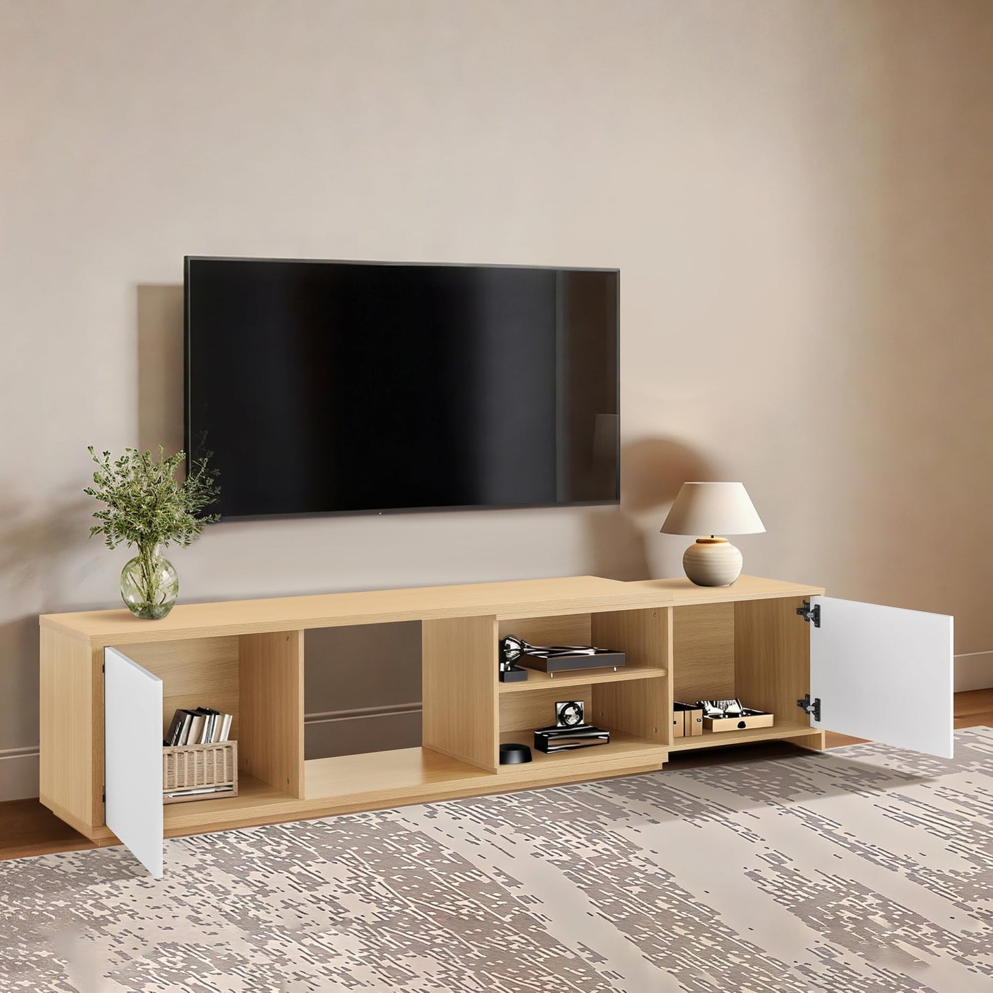 KISLOT Extendable TV Stand for TVs up to 90",Modern Entertainment Center with Adjustable Shelf,Television Stand with 2 Storage Cabinets,Wooden TV Media Console for Living Room Bedroom Natural Oak