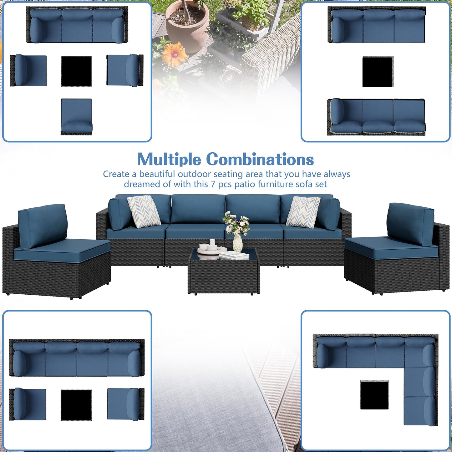 7 Pieces Outdoor Patio Sectional Sofa Couch, Wicker Furniture Patio Conversation Sets with Washable Cushions & Coffee Table for Garden, Poolside, Backyard
