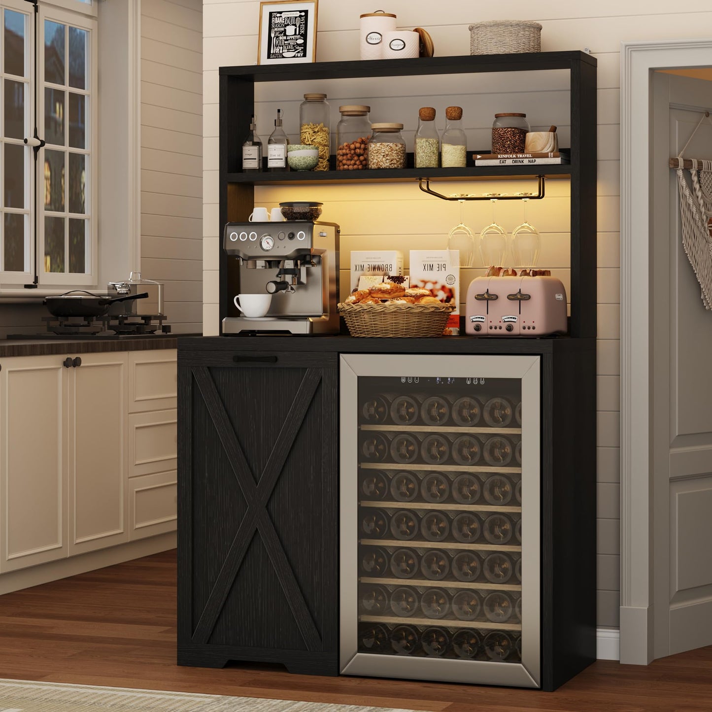Jocoevol Coffee Bar Cabinet with Fridge Space, Mini Fridge Cabinet with Power Outlets and Glass Holder, Farmhouse Design Mini Fridge Stand with Storage for Living Room, Kitchen, Entryway, Black