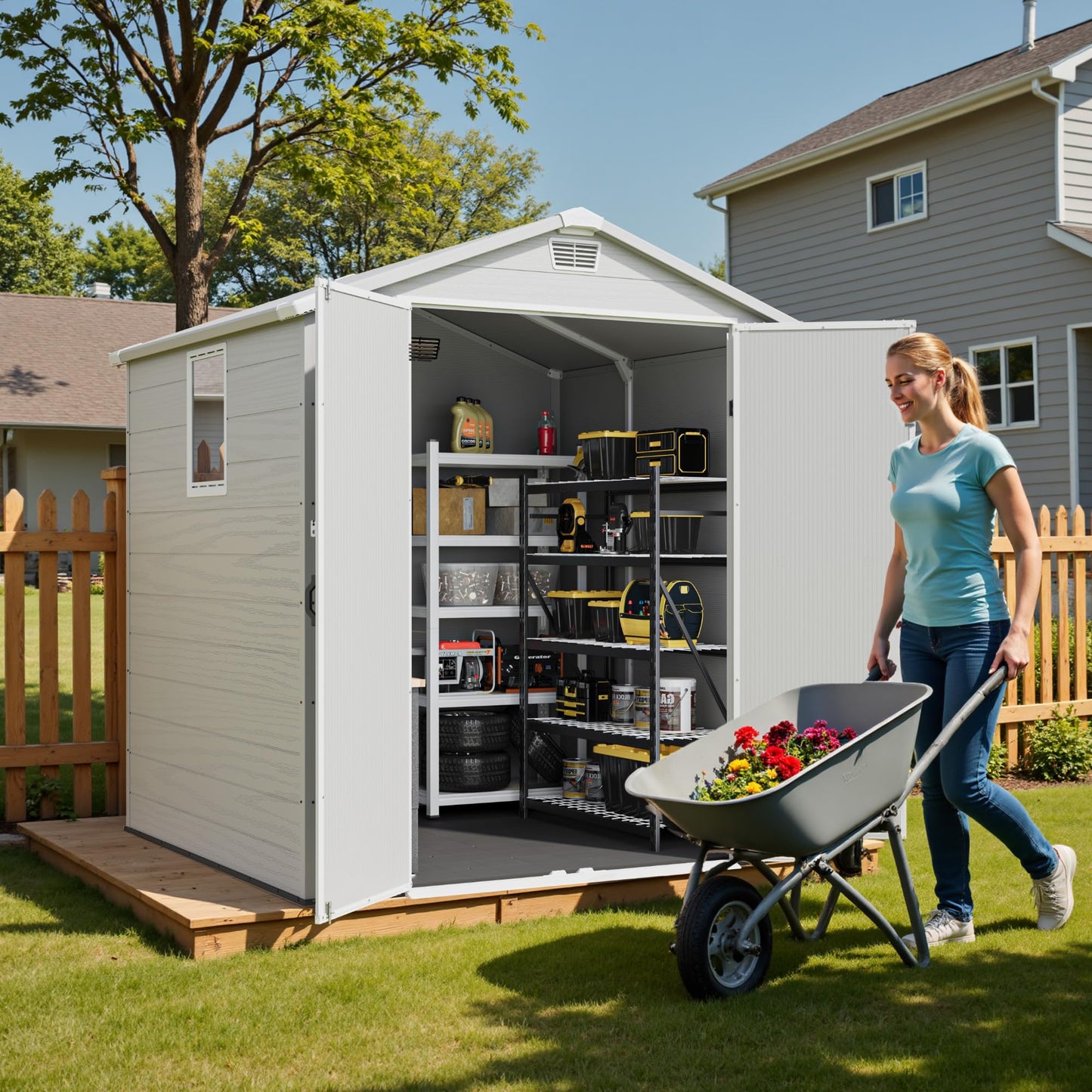 Greesum 6x6FT Plastic Outdoor Storage Shed with Floor, Resin Sheds with Lockable Double Door, Tool Sheds with Window and Vents, for Garden, Backyard, Patio, Light Gray