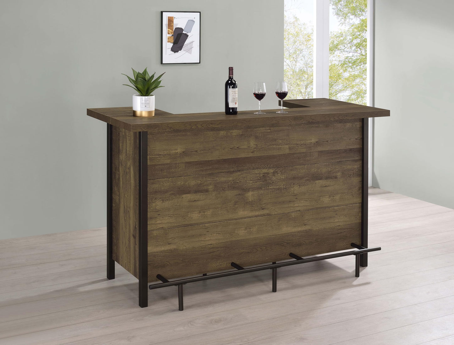 Coaster Home Furnishings - Bellemore - Wood & Metal - Bar Cabinet with Bottle Rack and Stemware Racks with Open Storage - Dining Room & Home Bar - Rustic Oak - 182104