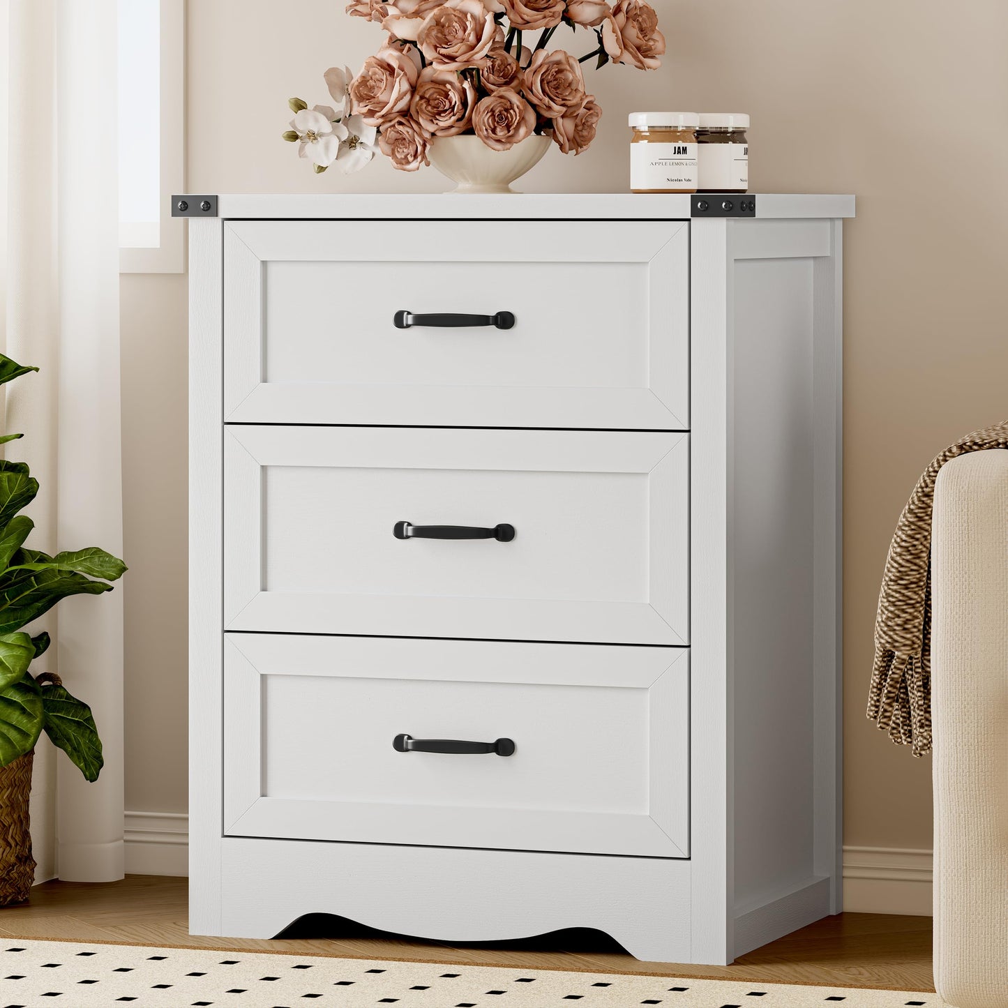 BORNOON Night Stand Set of 2, 3 Drawers Bedside Table Dresser with Metal Handles, Sturdy Wooden End Side Table Storage Cabinet with Anti-Tipping Design for Bedroom