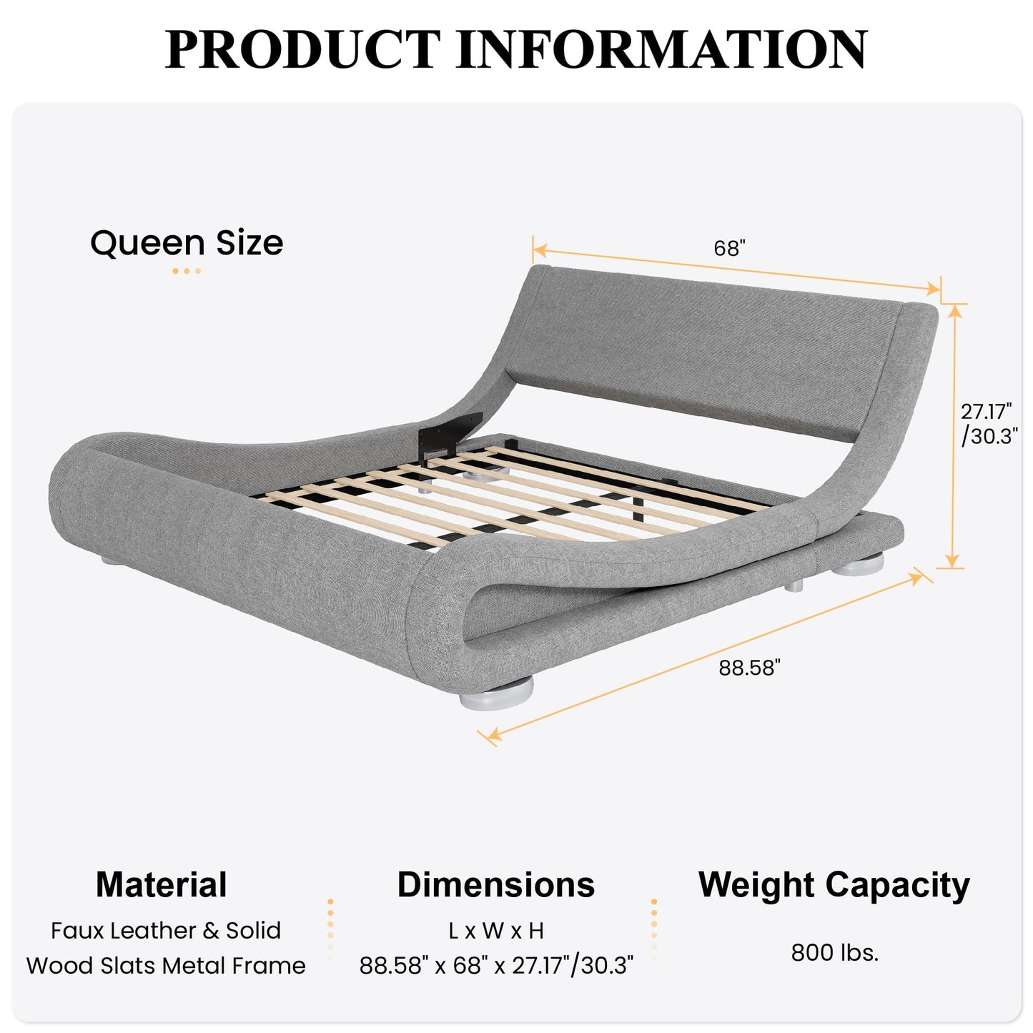 SHA CERLIN Queen Size Upholstered Bed Frame, Deluxe Low Profile Sleigh Bed with Linen Ergonomics Headboard, No Box Spring Needed & Easy Assembly, Grey