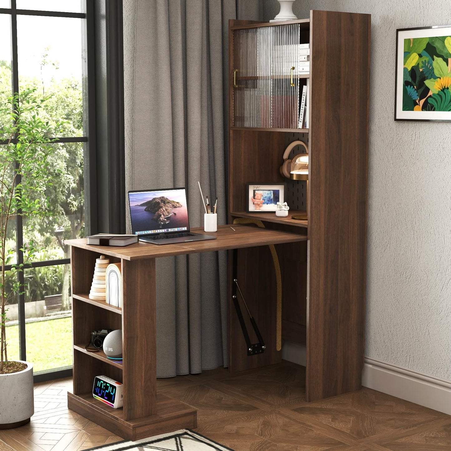 KEIKI Folding Home Office Desks with Pegboard, Glass Doors, Bookshelf & Storage Shelves, Modern Wooden Computer Table Workstation for Work, Study, Writing