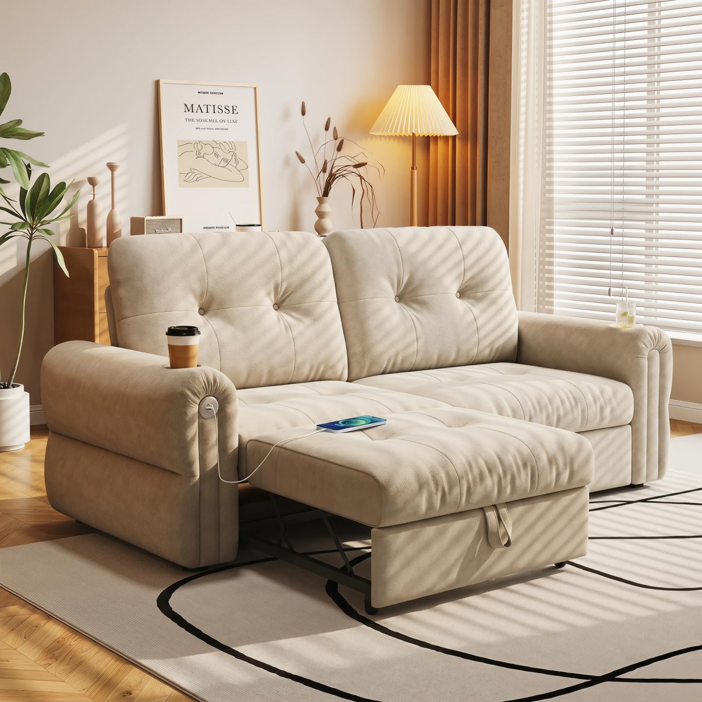Trygoal Convertible Couches, Queen Size Pull Out Sofa Bed with USB Charging Port and Cup Holders, Plannelette Fabric Convertible Sofa Bed for Small Space, Living Room, Apartment, Guest Room, Beige