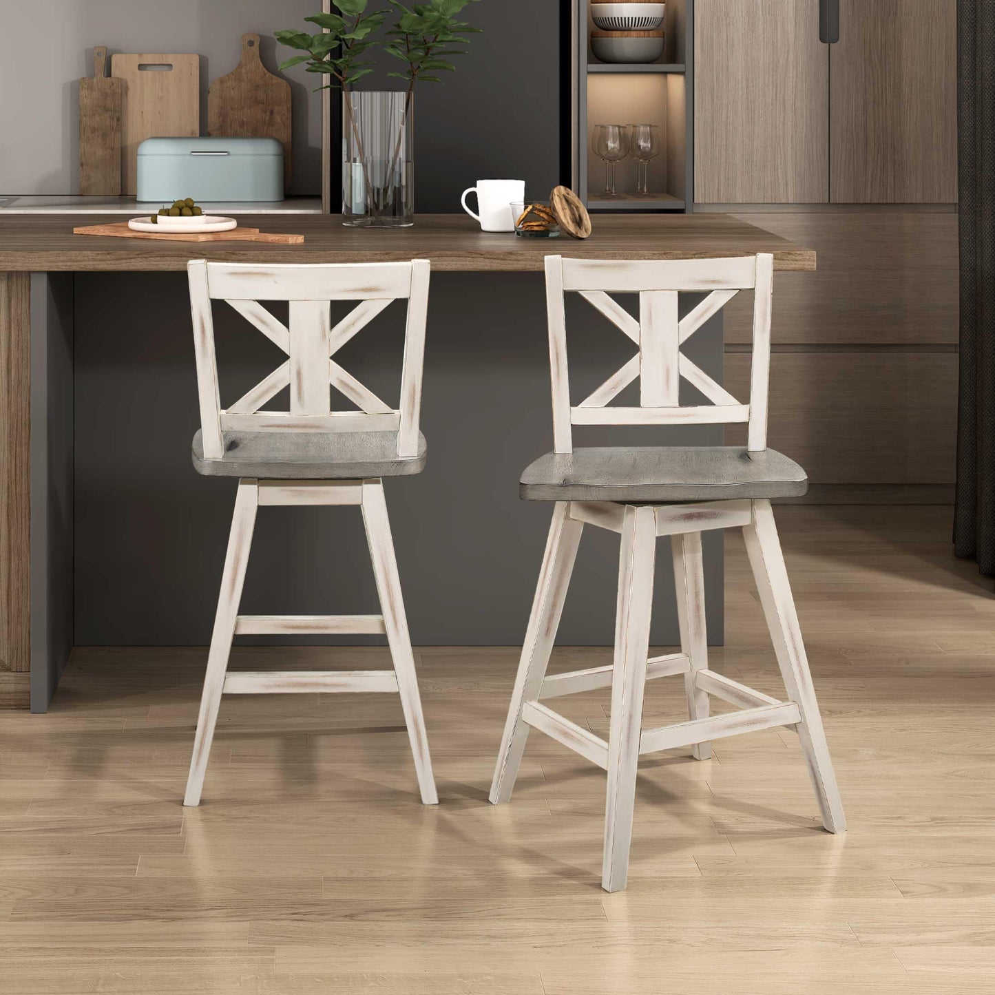 Lexicon Counter Height Stools Set of 2-Solid Wood Frame 360° Swivel Wooden Stools, Foot Rest, X Back, Wide Seat, Distressed Farmhouse Easy to Clean Finish, 24" SH, Antique White/Grey
