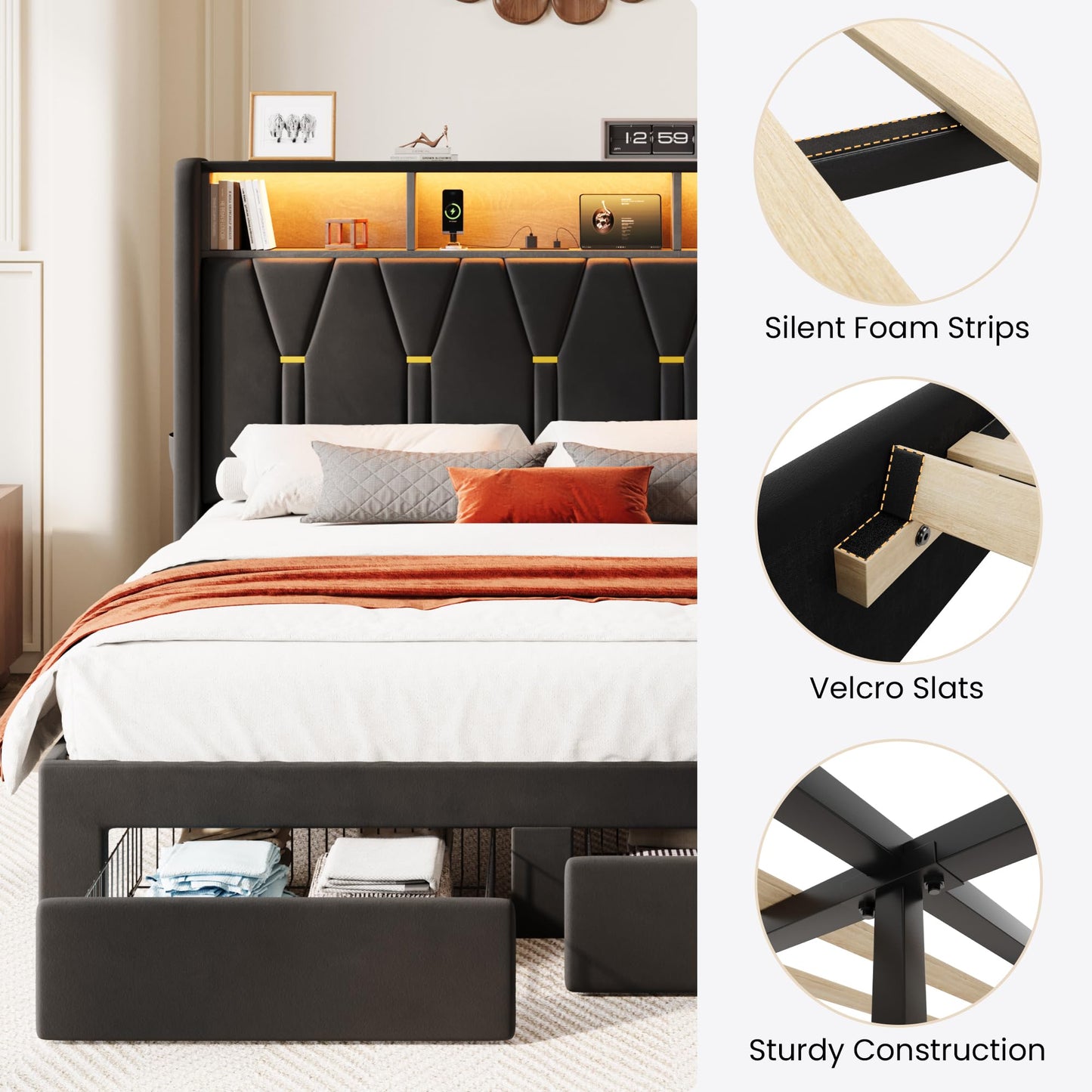 SHA CERLIN Queen Velvet Platform Bed Frame with 2 Storage Drawers, LED Storage Headboard with Charging Station, Upholstered Wingback Headboard, Noise-Free, No Box Spring Needed, Easy Assembly, Black