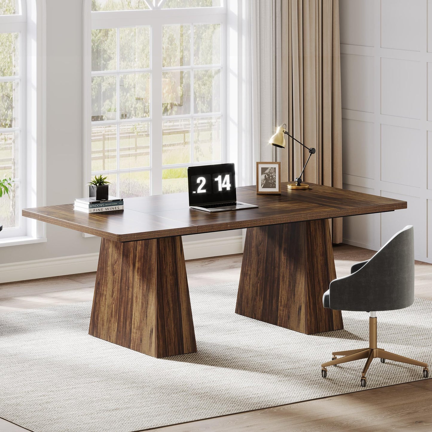 Tribesigns 63-Inch Executive Desk, Large Office Computer Desk with Double Pedestal, Modern Simple Workstations Writing Table Conference Table Business Furniture for Home Office, Rustic Brown