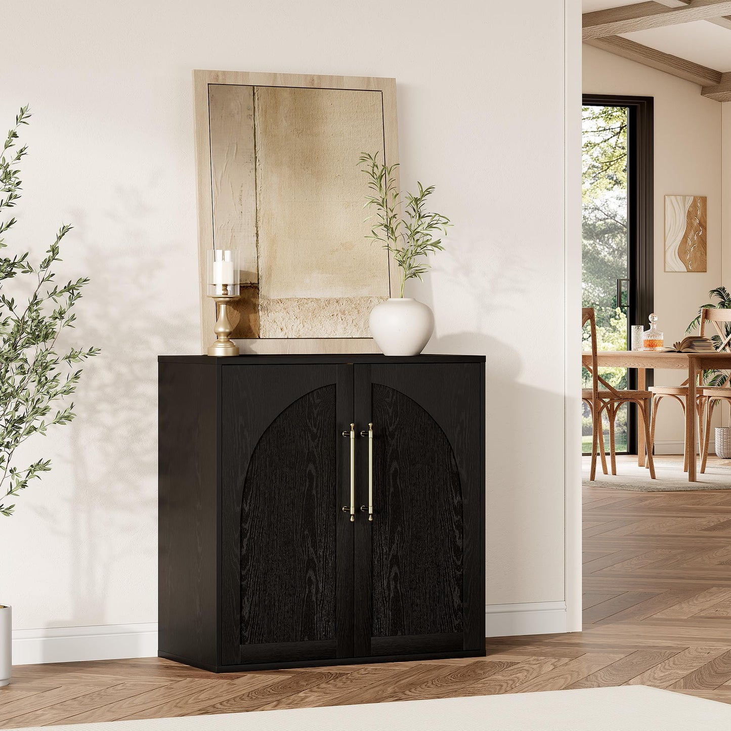 Garvee Arched Storage Cabinet with 2 Adjustable Shelves, Small Modern Farmhouse Sideboard Buffet Cabinet, Media Console Credenza with Anti-Tip Kit, for Living Room, Kitchen, Coffee Bar (Set of 2)