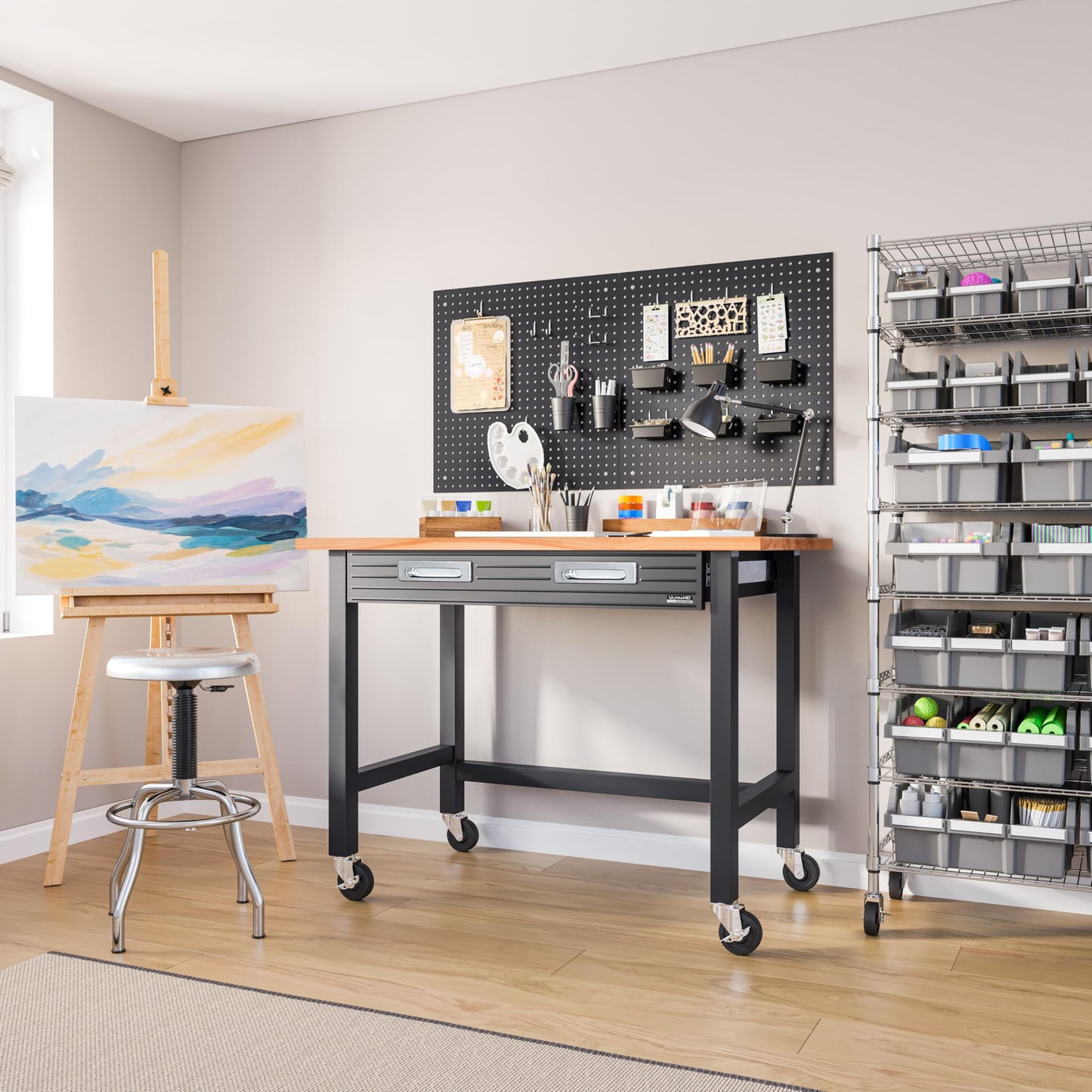 Seville Classics UltraGraphite Wood Top Workbench on Wheels with Sliding Organizer Drawer Table, 48", Graphite
