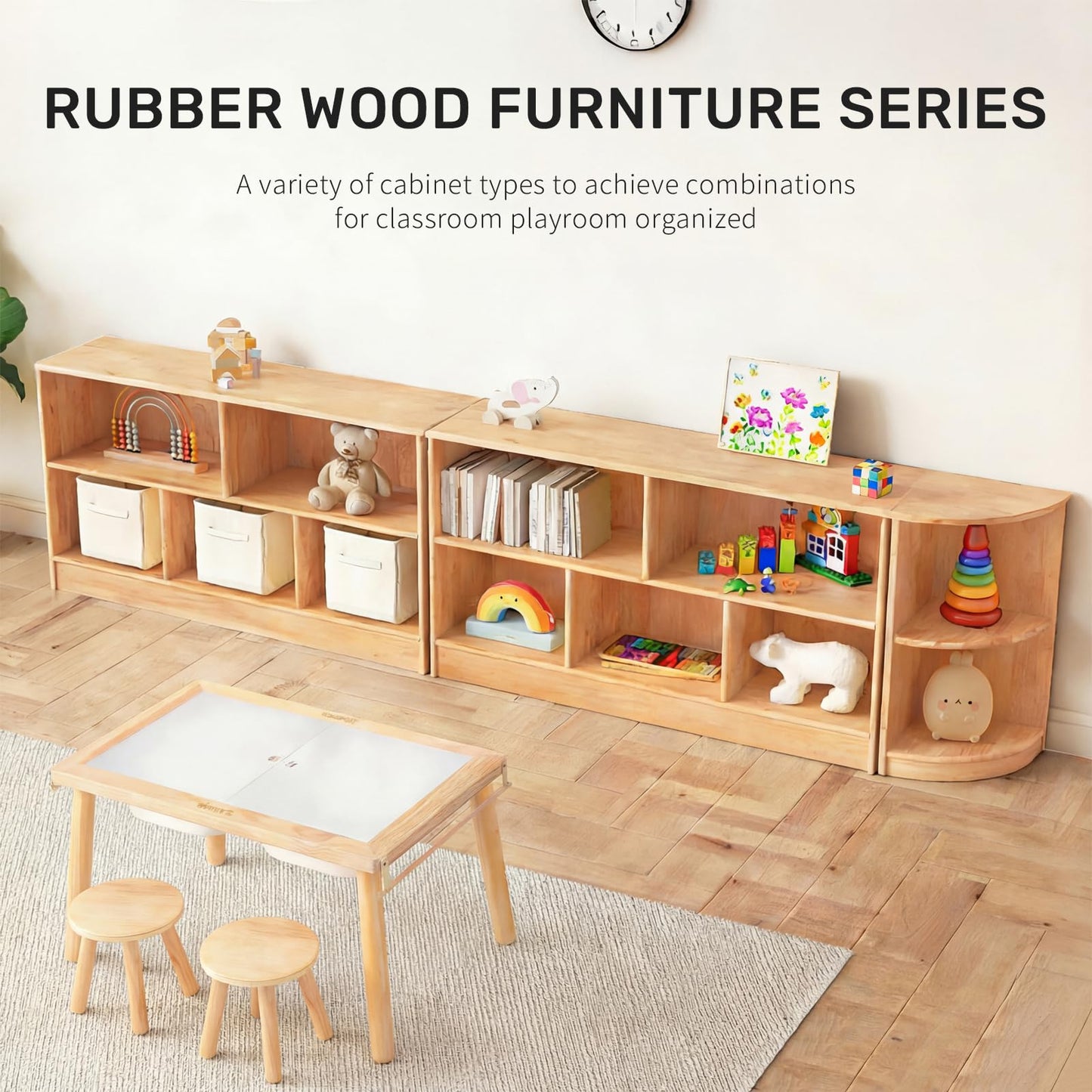 WINGYZ Rubber Wood Montessori Bookshelf, 5-Section Wooden Storage Cabinet, 2 Shelf Bookcase Toy Storage Organizer, 35.4" L Montessori Shelf for Kids Rooms Playroom Nursery Classroom Daycare Furniture