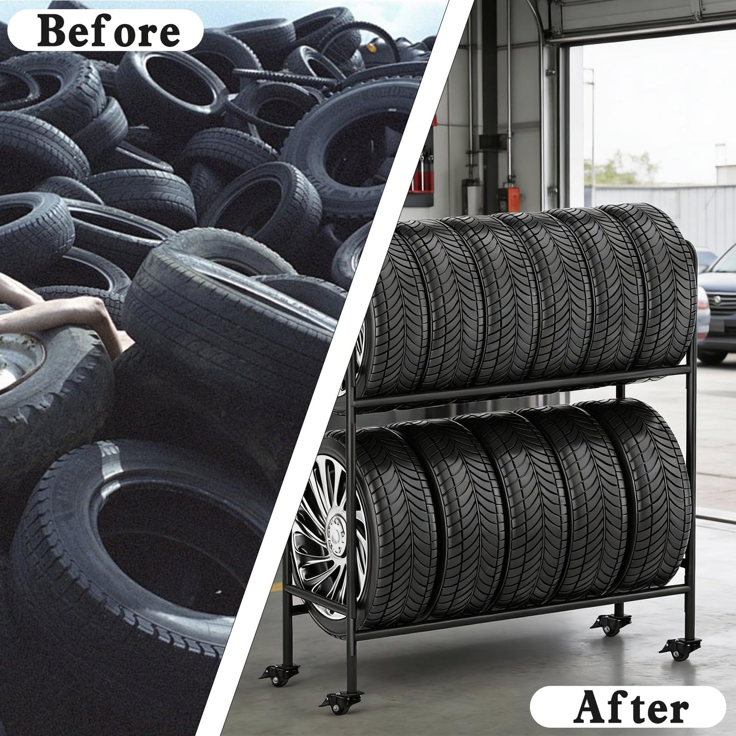 Vioranex Adjustable Rolling Tire Rack, Heavy-Duty Tire Storage Rack for Garage with 4 Self-Locking Casters, Foldable Hole Board, Metal, 59" H x 59" W