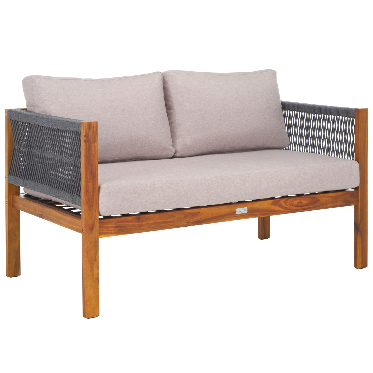 SAFAVIEH Outdoor Collection Wilson Brown Acacia Wood/Light Grey Cushion & Grey Rope 4-Piece Conversation Patio Set