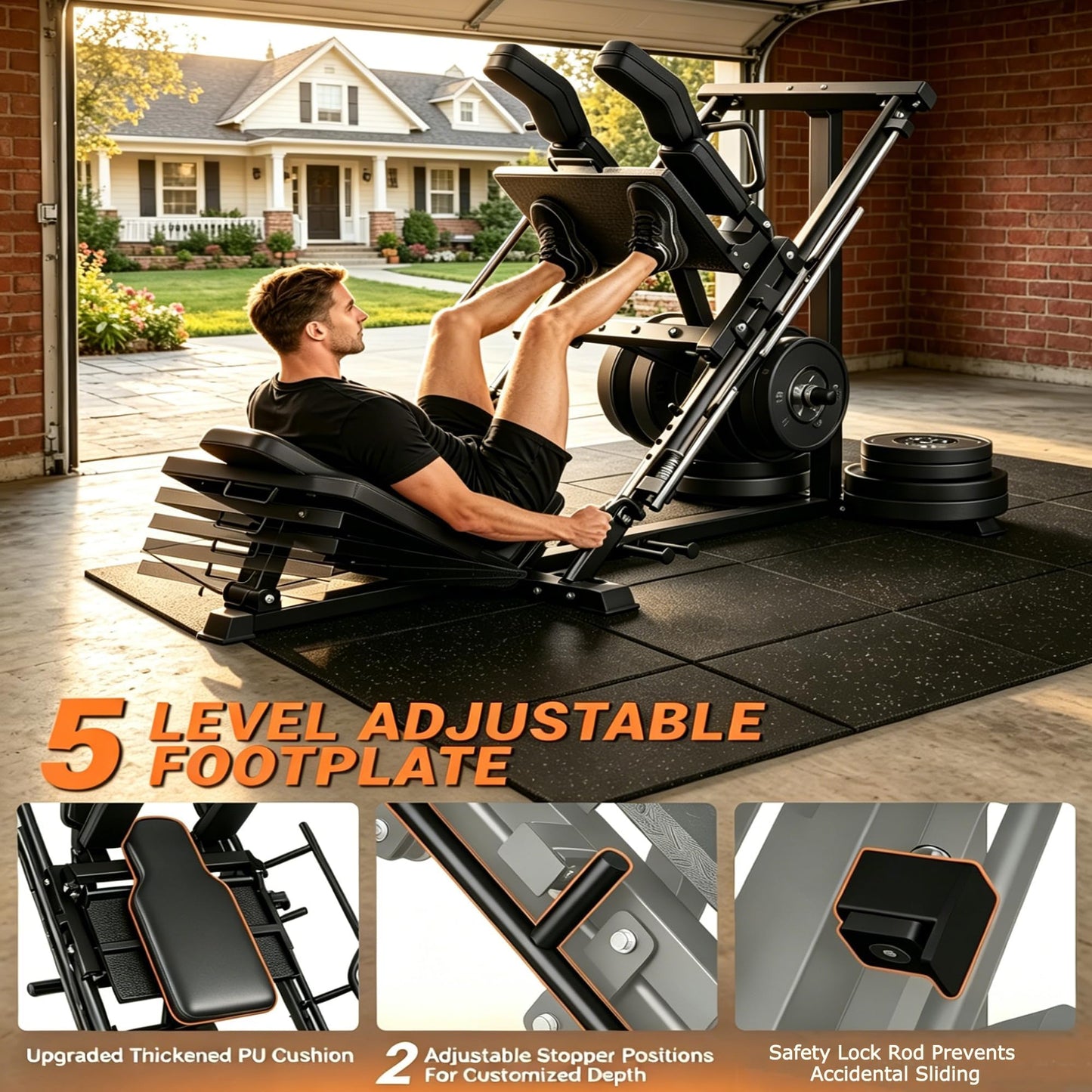 Leg Press Hack Squat Machine 2-in-1 for Home Gym, Linear Bearing System, 1200LB Capacity, 4-Position Safety Stops & Weight Storage, Lower Body Workout Equipment (Weights Not Included)