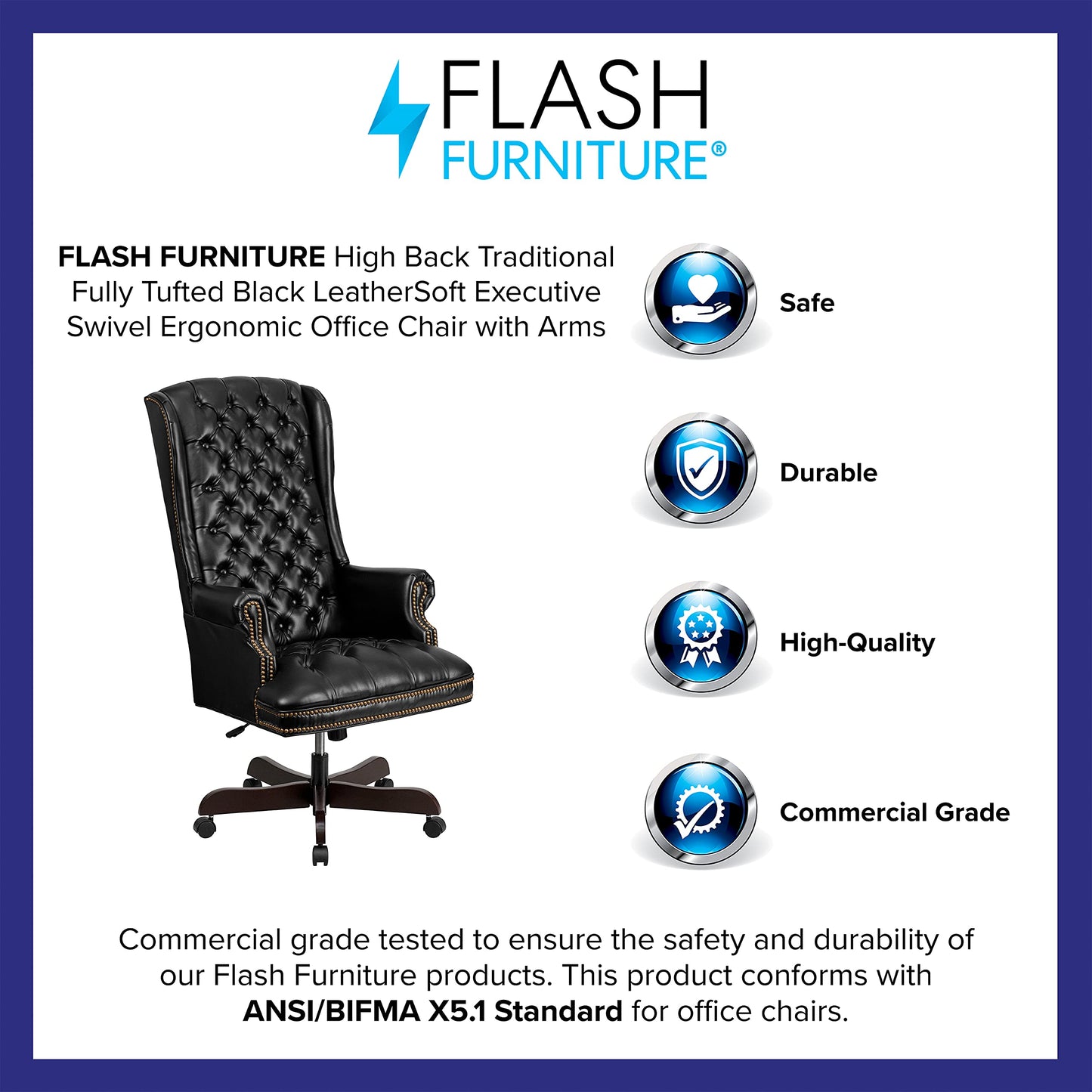 Flash Furniture High Back Traditional Fully Tufted Black LeatherSoft Executive Swivel Ergonomic Office Chair with Arms