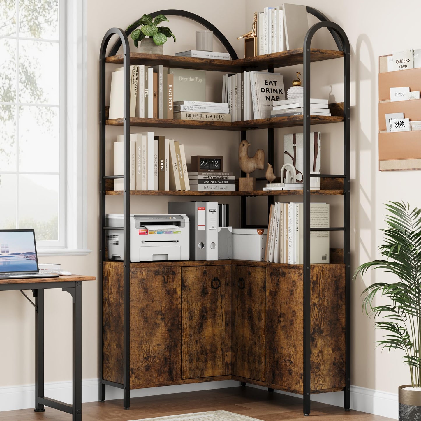 Garvee Corner Bookshelf with Storage, 74.5" Corner Bookcase with Cabinet, Large l Shaped Bookshelf Arched 6 Tier Corner Bookcase with Metal Frame for Living Room Bedroom