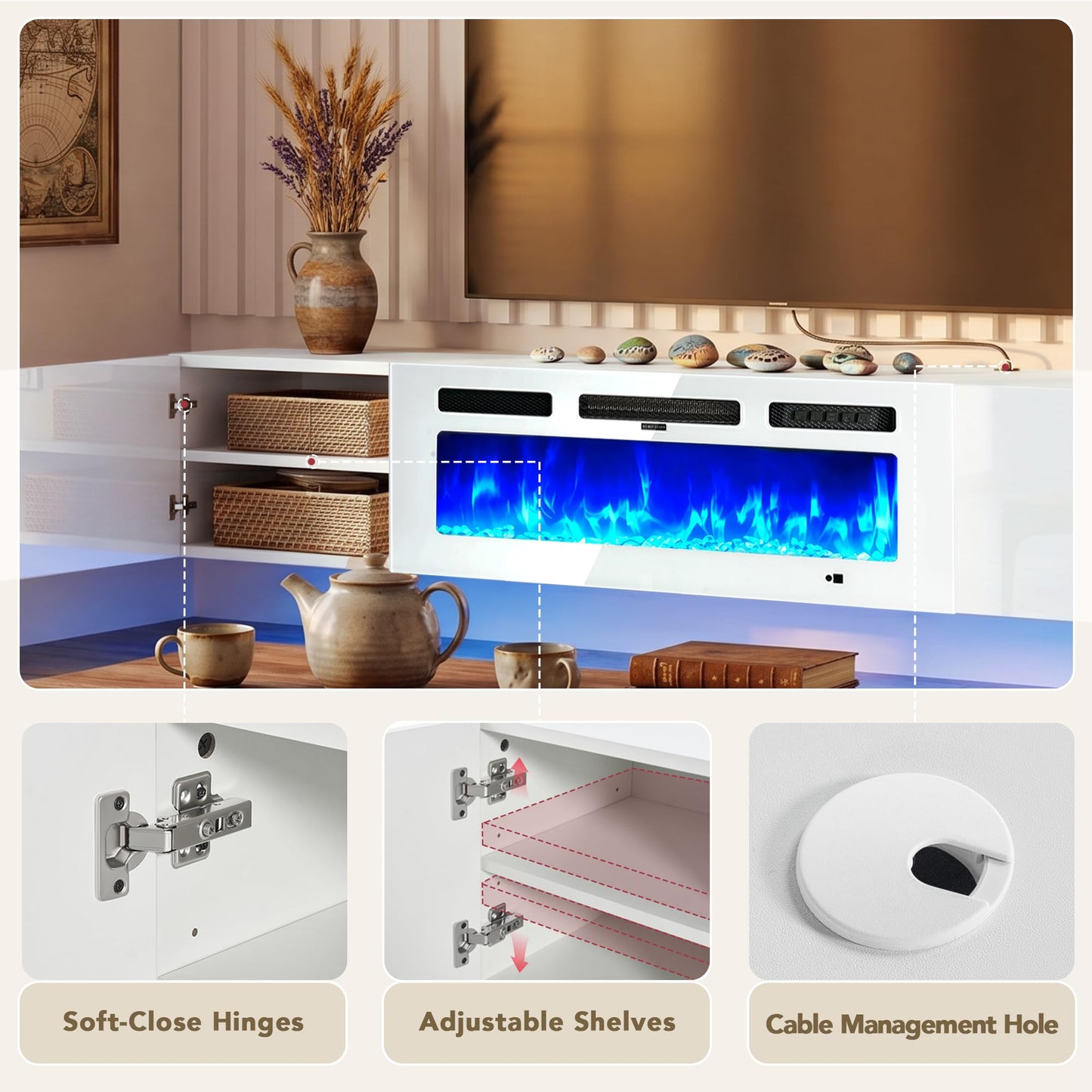 OneBlis 70" Floating TV Stand, Wall-Mounted Entertainment Center with 36" Electric Fireplace, Fits TVs Up to 80 Inches, Media Console with LED Lights for Living Room, White+White