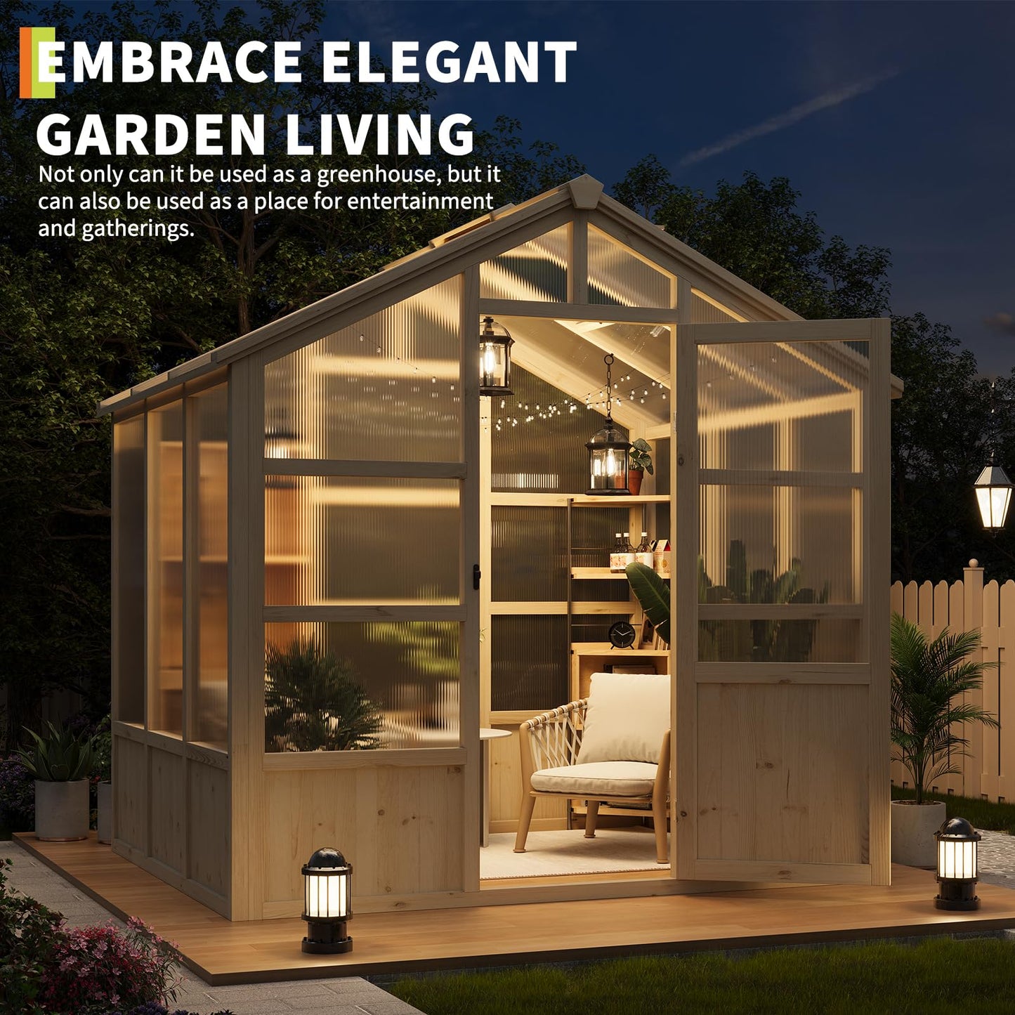 Garvee 8x6 ft Wooden Greenhouse, Greenhouses for Outdoors with Lockable Door, Wood Frame & Adjustable Vent, Heavy Duty Greenhouse with Polycarbonate Panel for Outside, Garden, Yard, Light Brown