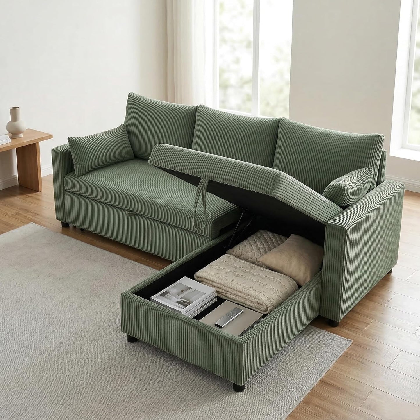 Trygoal Queen Sleeper Sofa, Convertible Sofa Bed with Storage, 85 Inch Sectional Couch with Pull Out Bed, L Shaped 3 Seat Sectional Sleeper Sofa for Living Room, Apartment, Green