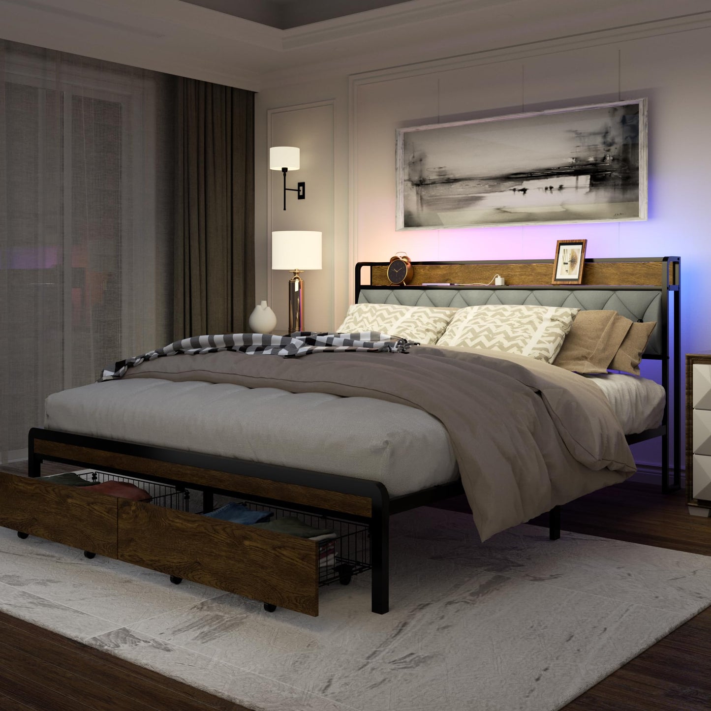 Sismplly Queen Size Metal Platform Bed Frame with 2 Storage Drawers & LED Light, Upholstered Headboard with Charging Station, No Box Spring Needed, Brown Wood Panel