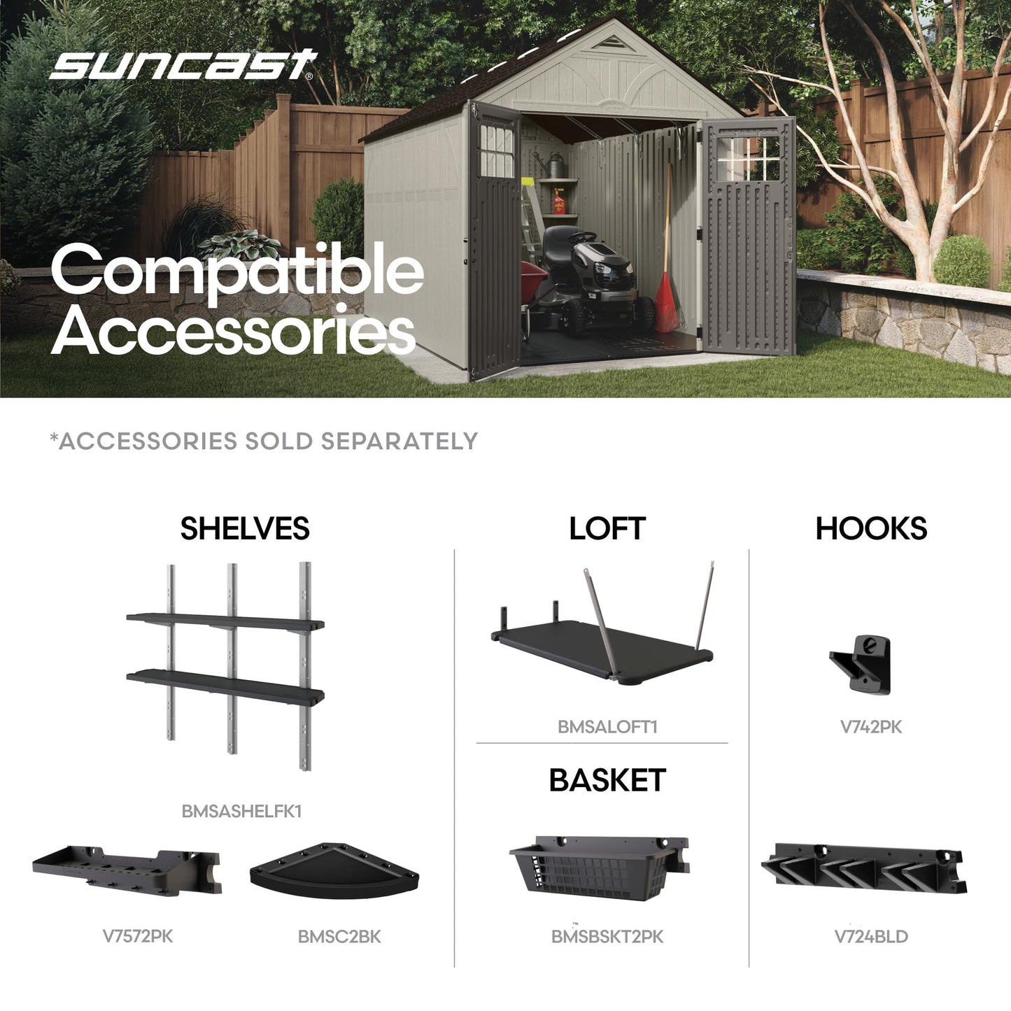 Suncast 8x10 Ft. Outdoor Storage Shed - Large Resin Outdoor Shed with Floor Included, Lockable Double Doors & Skylights. 547 Cu Ft Tremont Garden Resin Sheds for Lawn Tools, Riding Mowers, & Bikes