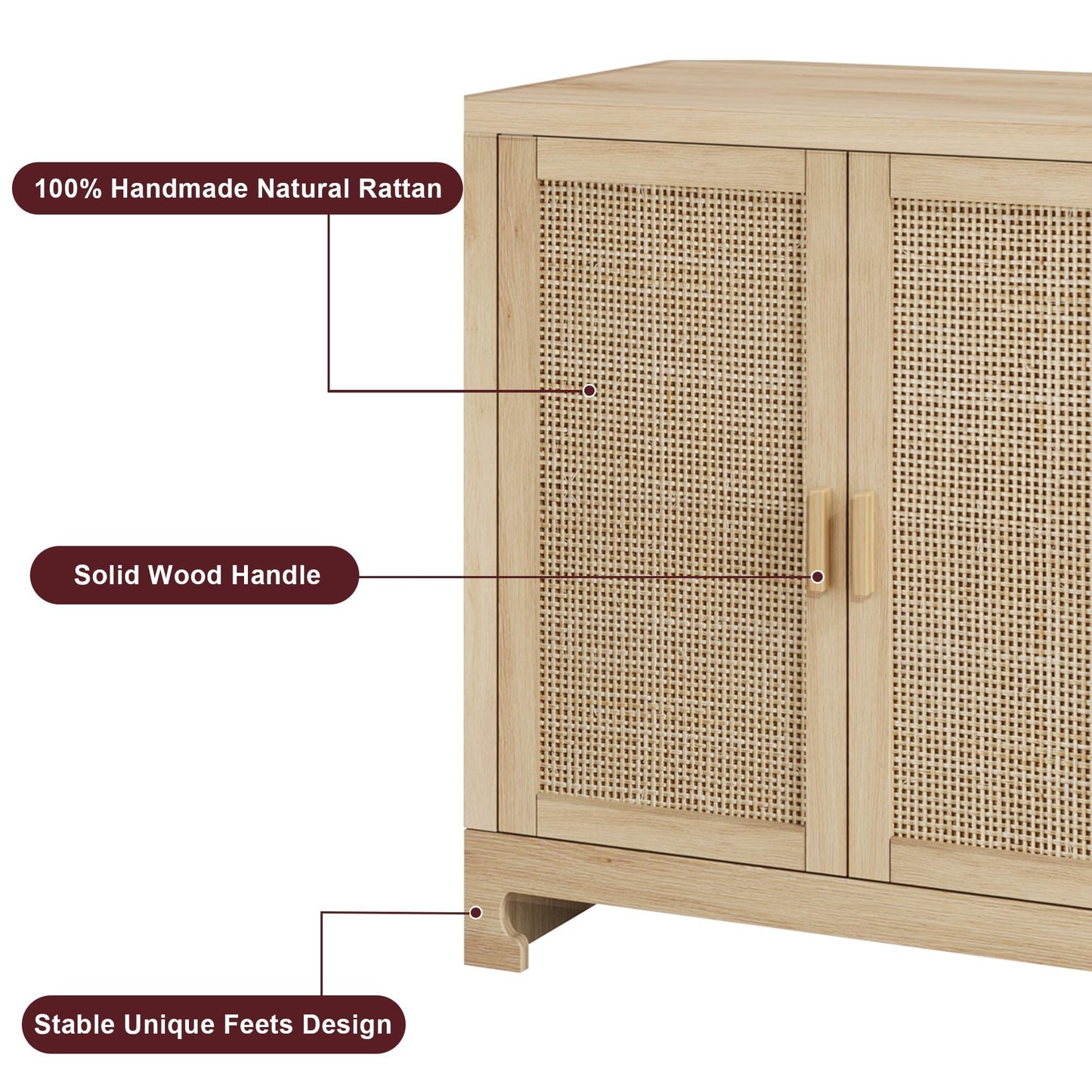 GarveeHome 60 in Farmhouse Rattan Buffet Cabinet - 4-Door Woven Storage Sideboard with Adjustable Shelves, Kitchen Console Table for Dining Room & Living Room Entryway (Oak Brown)