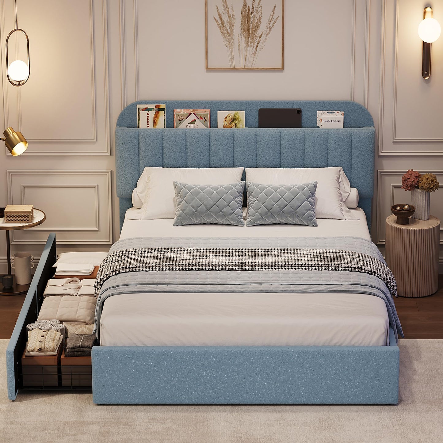 GAOMON Full Bed Frame with Storage Headboard, Boucle Kids Bed Frame with 2 Drawers, Upholstered Platform Bed Frame with Bookcase, No Box Spring Needed, Noise Free, Easy Assembly, Blue