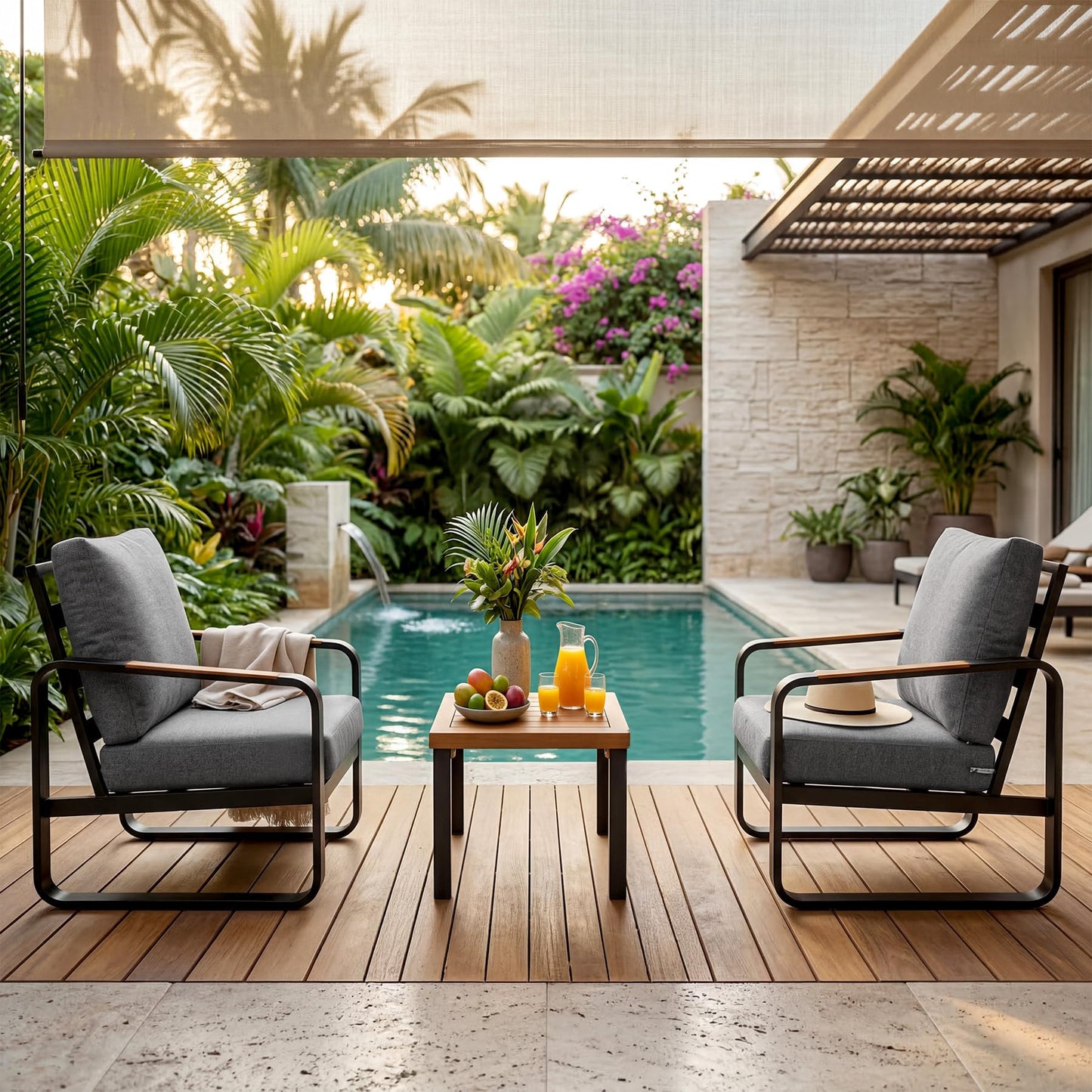 Tribesigns 3-Piece Outdoor Patio Furniture Set with 2 Armchairs & 1 Side Table, Modern Metal Patio Bistro Set with 6'' Thick Cushions, All-Weather Conversation Set for Balcony, Porch, Gray
