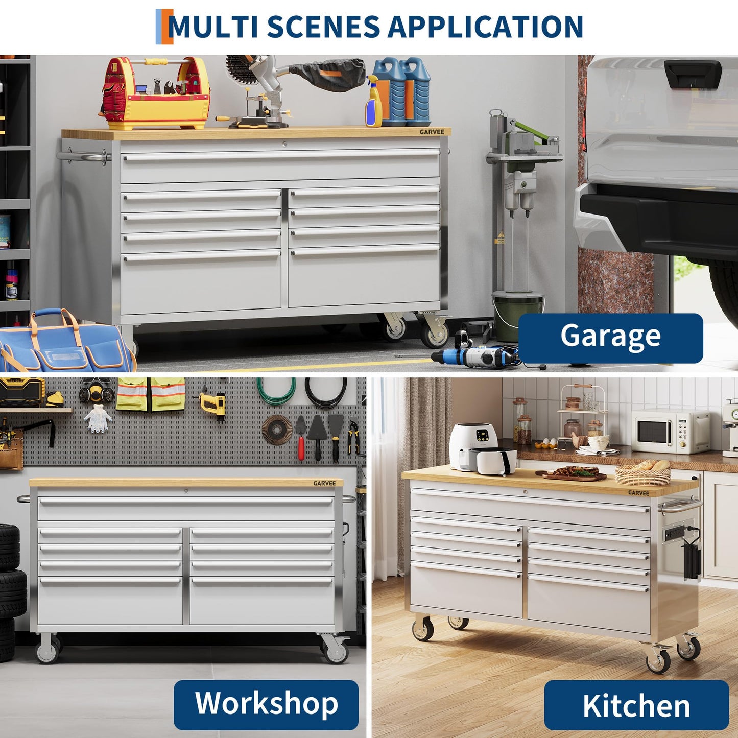 Garvee 61-Inch Heavy-Duty Rolling Tool Chest & Mobile Workbench with 9 Drawers & Outlets, Rubber Wood Tabletop, Key Locking System, Drawer Liners & Wheels, Steel Storage Cabinet for Garage