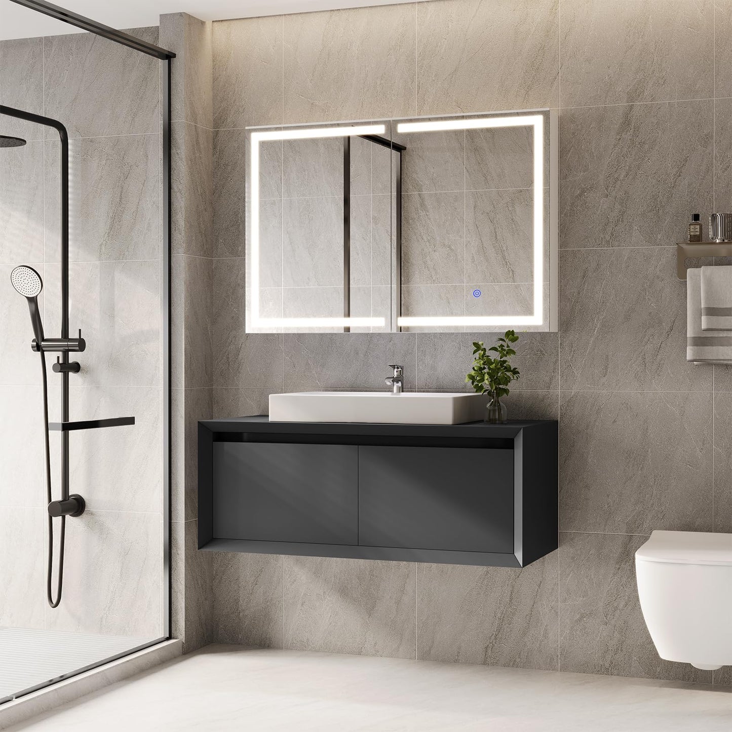 Hasuit Lighted Medicine Cabinet with Mirror, Wall Mounted Bathroom Mirror with Storage, 2 Doors Bathroom Wall Cabinet with LED Lights, 31.5'' x 23.6''