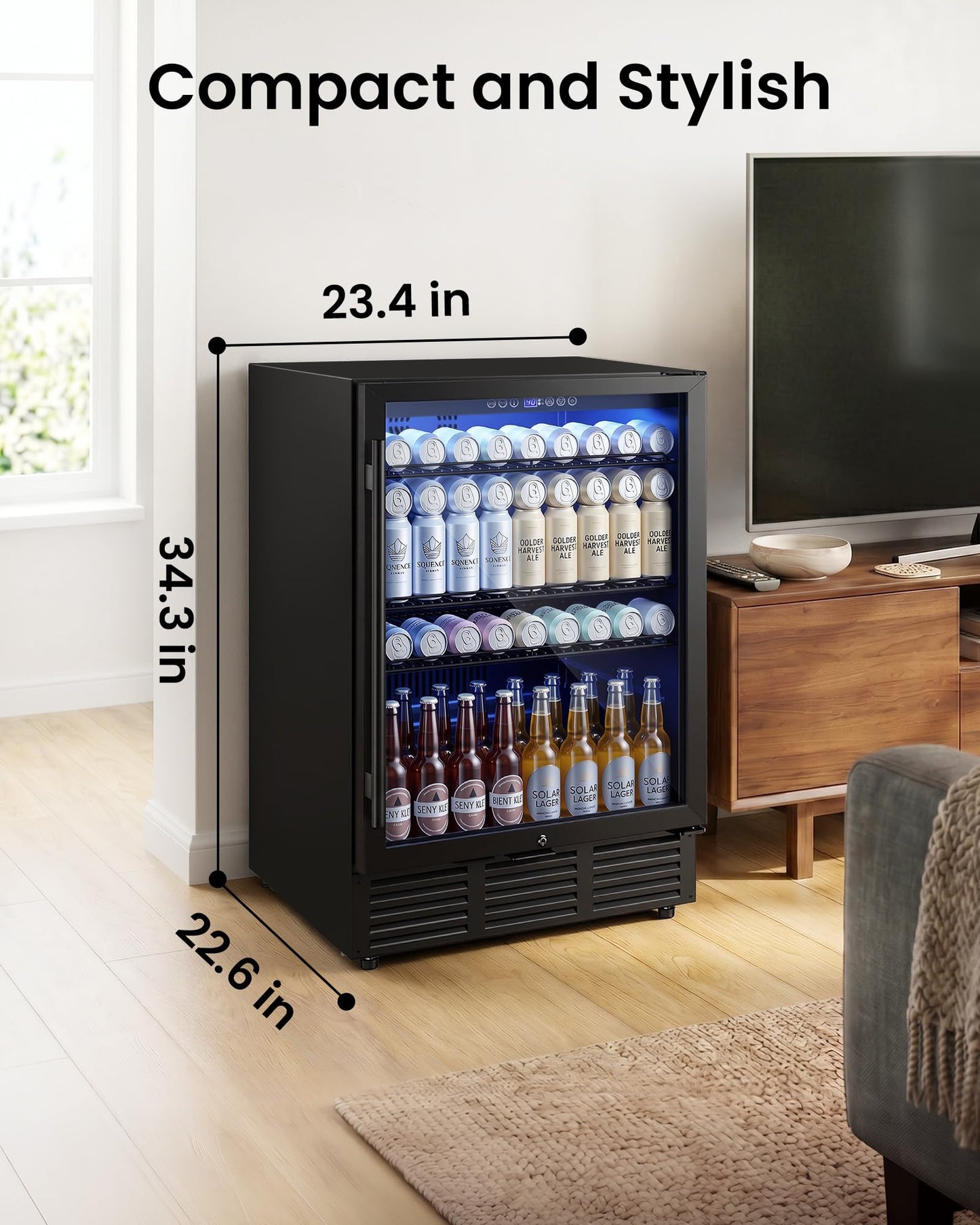 ICEVIVAL 24 Inch Beverage Refrigerator, 180 Cans Beverage Refrigerator with Glass Door, LED Light, Under Counter Refrigerator for Soda, Water, Wine, Drink Fridge for Home, Bar or Office