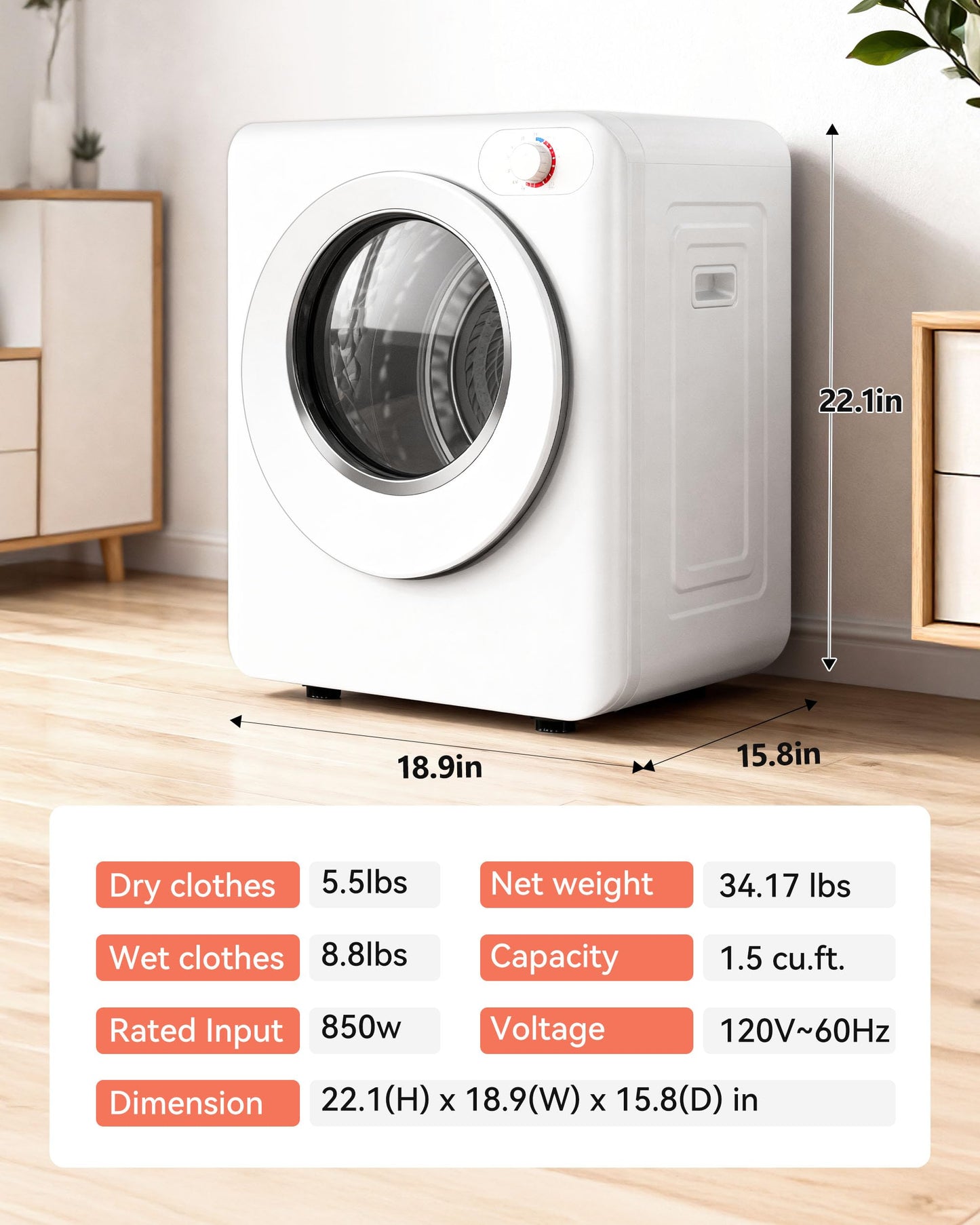 Euhomy Portable Clothes Dryer, 1.5 Cu.Ft. Portable Dryer, 850W Drying Machine with Front-Loading Stainless Steel Drum, 5 Functions, Suitable for Apartments, Dorms, RVs, Small Spaces