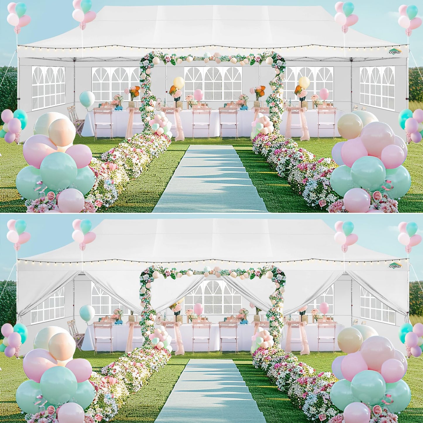 COBIZI 10x30 Pop up Canopy with Roller Bag & 8 Removable Sidewalls, Canopy Tent for Parties, Wedding, and Commercials, Waterproof and Instant Shelter UV50+ Outdoor Gazebo with 4 Sandbags(Pure White)