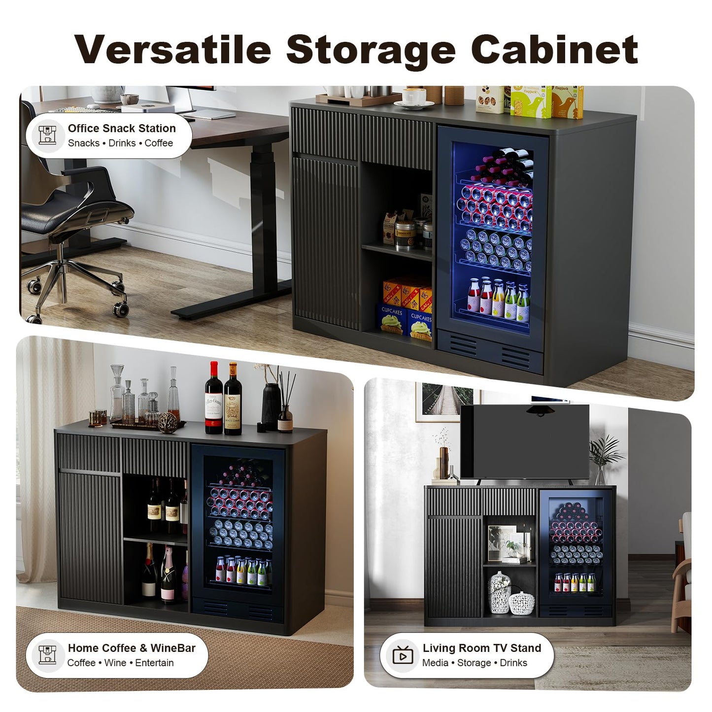 Zevemomo Large Coffee Bar Cabinet with Fridge Space, Fridge Cabinets with Fluted Door & Adjustable Shelves & Glass Rack, Wine Bar Buffet Sideboard Storage Cabinet for Living Room, Dining Room, Black