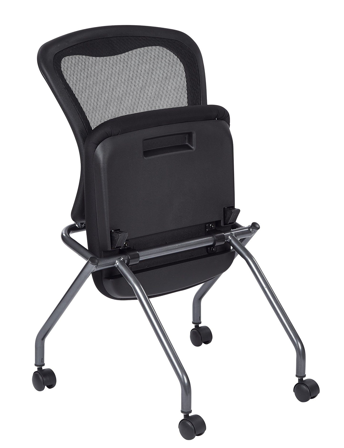 Office Star Deluxe Breathable ProGrid Back Armless Folding Chair 2-Pack with Rolling Casters and Titanium Finish Frame, Coal FreeFlex
