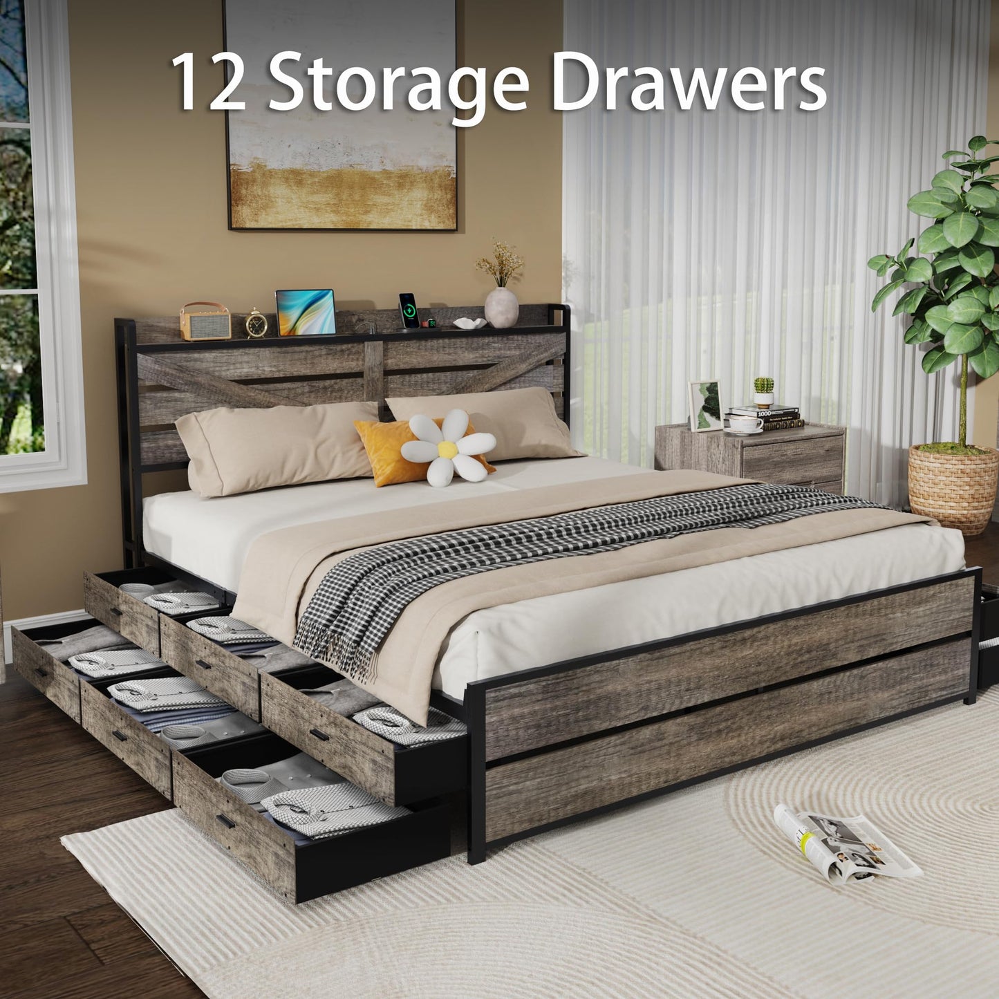 KEIKI King Size Bed Frame with Storage Headboard and 12 Drawers, Metal Platform Bed Frame with Charging Station, Noise Free Heavy Duty Mattress Foundation, No Box Spring Needed, Black