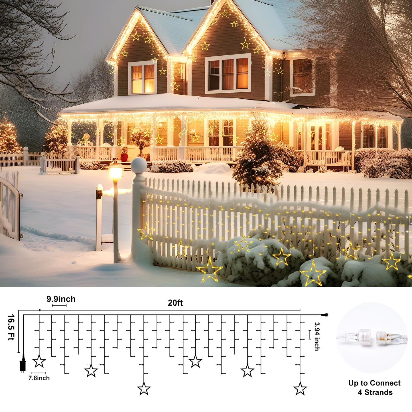 Minetom Icicle Lights Outdoor 200 LED 20FT Star Warm White Waterproof DMO-300 8 Modes with Timer
